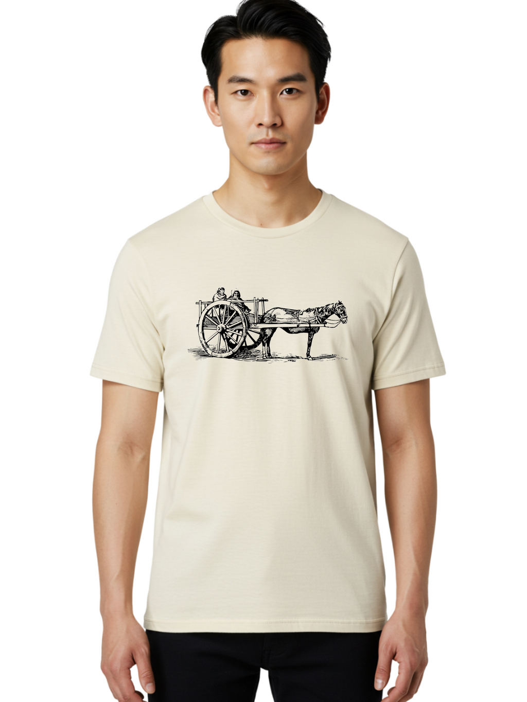 Horse-Drawn-Cart Men'S Graphic Tee, 100% Cotton, Comfortable Casual Summer Wear, Machine Washable, Vintage Horse Cart, Horse Drawn Carriage, Traditional Transportation, Classic Cart Illustration, Horse And Carriage, People Riding Cart, Aad795