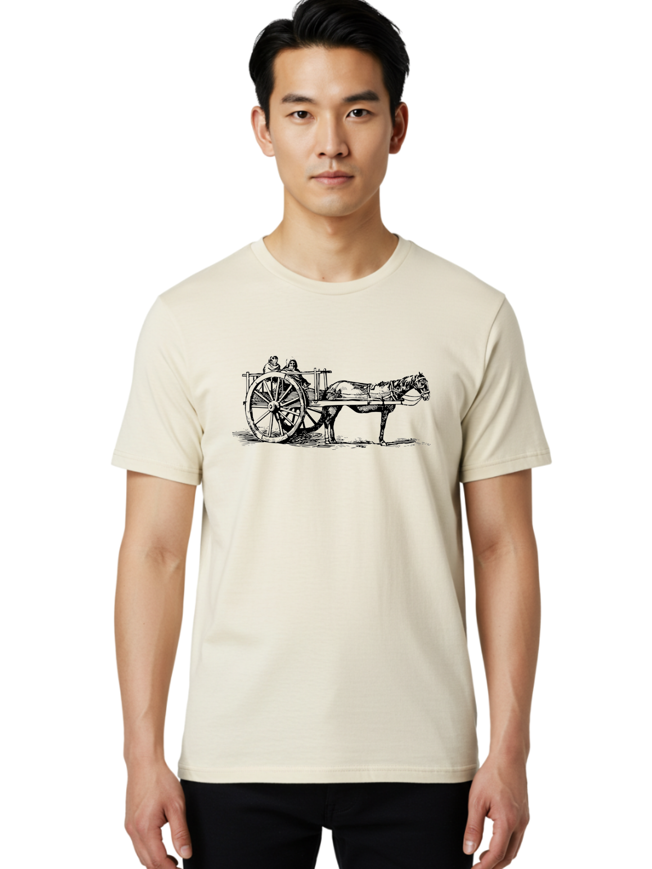 Horse-Drawn-Cart Men'S Graphic Tee, 100% Cotton, Comfortable Casual Summer Wear, Machine Washable, Vintage Horse Cart, Horse Drawn Carriage, Traditional Transportation, Classic Cart Illustration, Horse And Carriage, People Riding Cart, Aad795