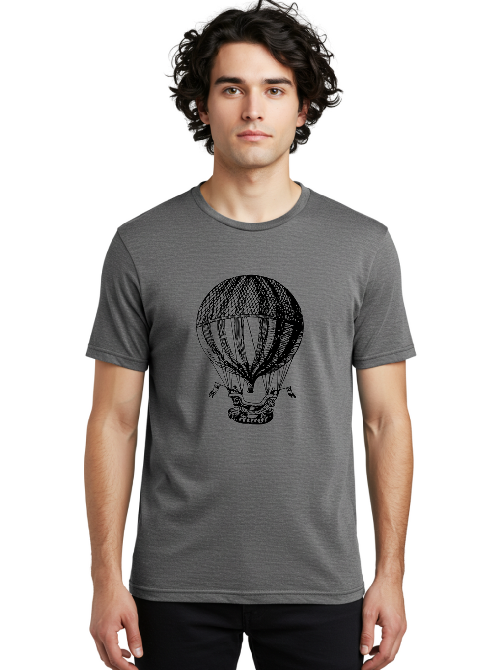 Hot-Air-Balloon-1 Men'S Graphic Tee, 100% Cotton, Comfortable Casual Summer Wear, Machine Washable, Vintage Hot Air Balloon, Retro Illustration, Adventurous Flight, Historic Aircraft, Flying High, Serene Landscape, Nostalgic Feel, Classic Art Aad796