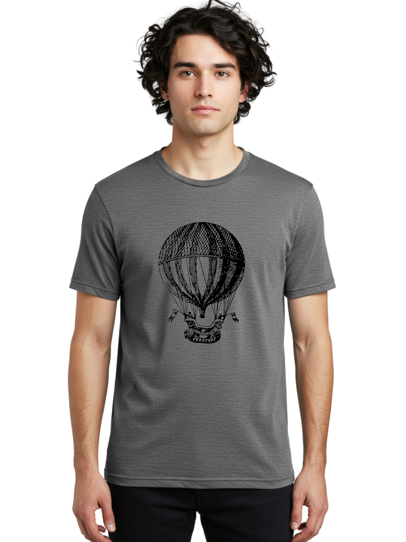 Hot-Air-Balloon-1 Men'S Graphic Tee, 100% Cotton, Comfortable Casual Summer Wear, Machine Washable, Vintage Hot Air Balloon, Retro Illustration, Adventurous Flight, Historic Aircraft, Flying High, Serene Landscape, Nostalgic Feel, Classic Art Aad796