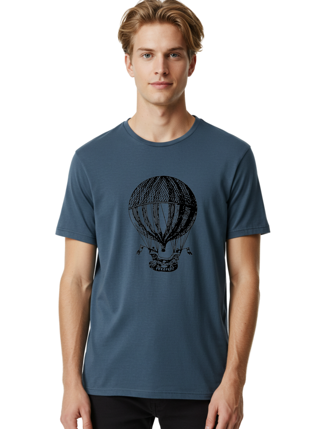 Hot-Air-Balloon-1 Men'S Graphic Tee, 100% Cotton, Comfortable Casual Summer Wear, Machine Washable, Vintage Hot Air Balloon, Retro Illustration, Adventurous Flight, Historic Aircraft, Flying High, Serene Landscape, Nostalgic Feel, Classic Art Aad796