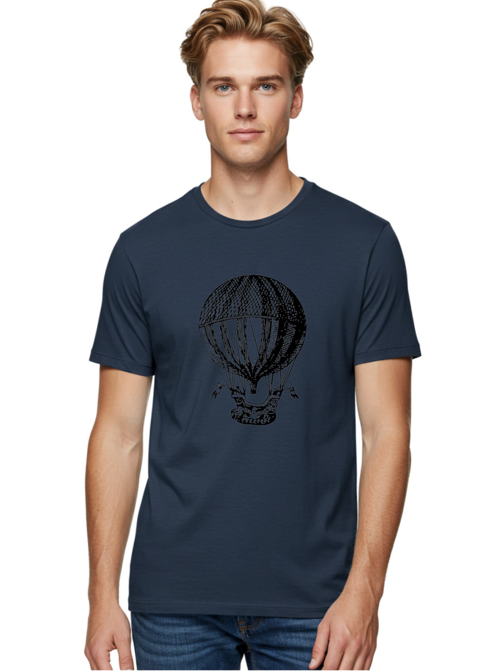 Hot-Air-Balloon-1 Men'S Graphic Tee, 100% Cotton, Comfortable Casual Summer Wear, Machine Washable, Vintage Hot Air Balloon, Retro Illustration, Adventurous Flight, Historic Aircraft, Flying High, Serene Landscape, Nostalgic Feel, Classic Art Aad796