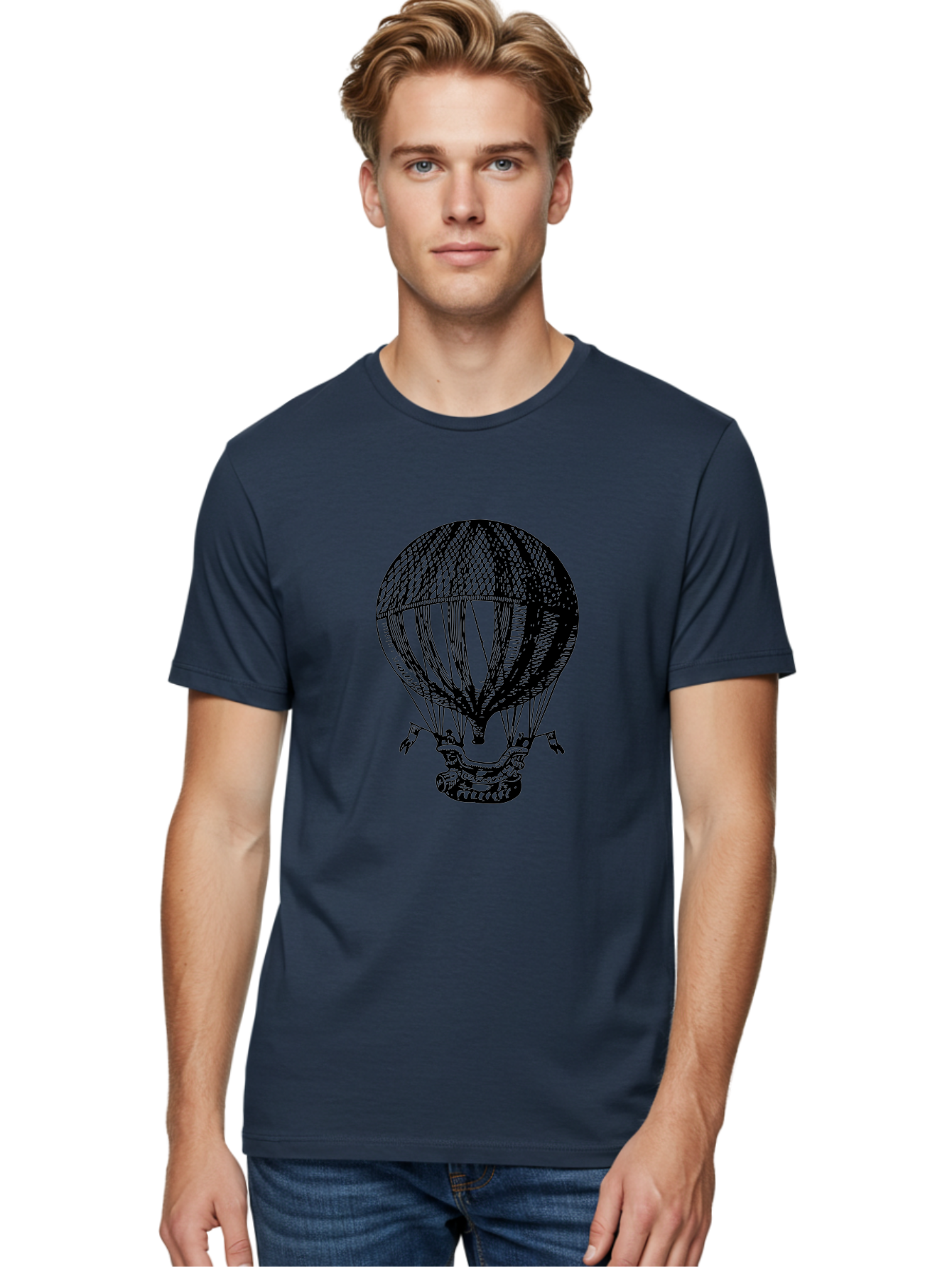 Hot-Air-Balloon-1 Men'S Graphic Tee, 100% Cotton, Comfortable Casual Summer Wear, Machine Washable, Vintage Hot Air Balloon, Retro Illustration, Adventurous Flight, Historic Aircraft, Flying High, Serene Landscape, Nostalgic Feel, Classic Art Aad796