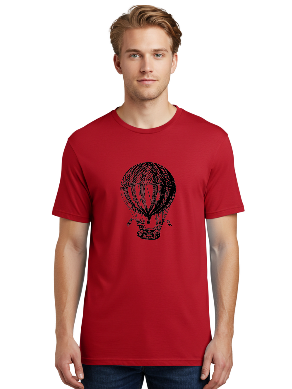 Hot-Air-Balloon-1 Men'S Graphic Tee, 100% Cotton, Comfortable Casual Summer Wear, Machine Washable, Vintage Hot Air Balloon, Retro Illustration, Adventurous Flight, Historic Aircraft, Flying High, Serene Landscape, Nostalgic Feel, Classic Art Aad796