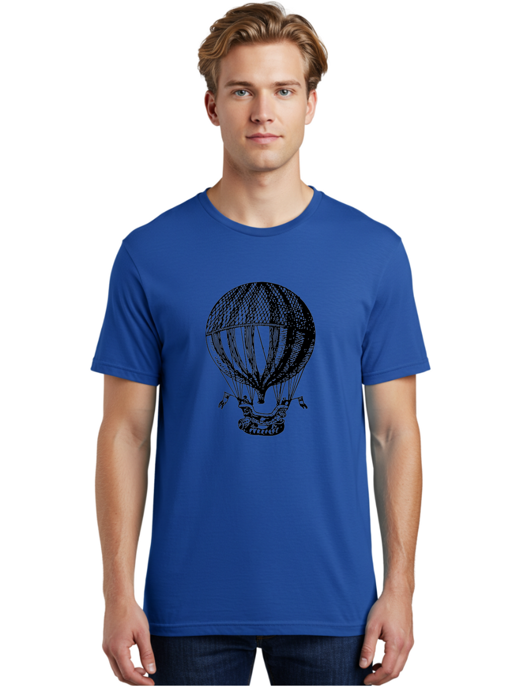 Hot-Air-Balloon-1 Men'S Graphic Tee, 100% Cotton, Comfortable Casual Summer Wear, Machine Washable, Vintage Hot Air Balloon, Retro Illustration, Adventurous Flight, Historic Aircraft, Flying High, Serene Landscape, Nostalgic Feel, Classic Art Aad796