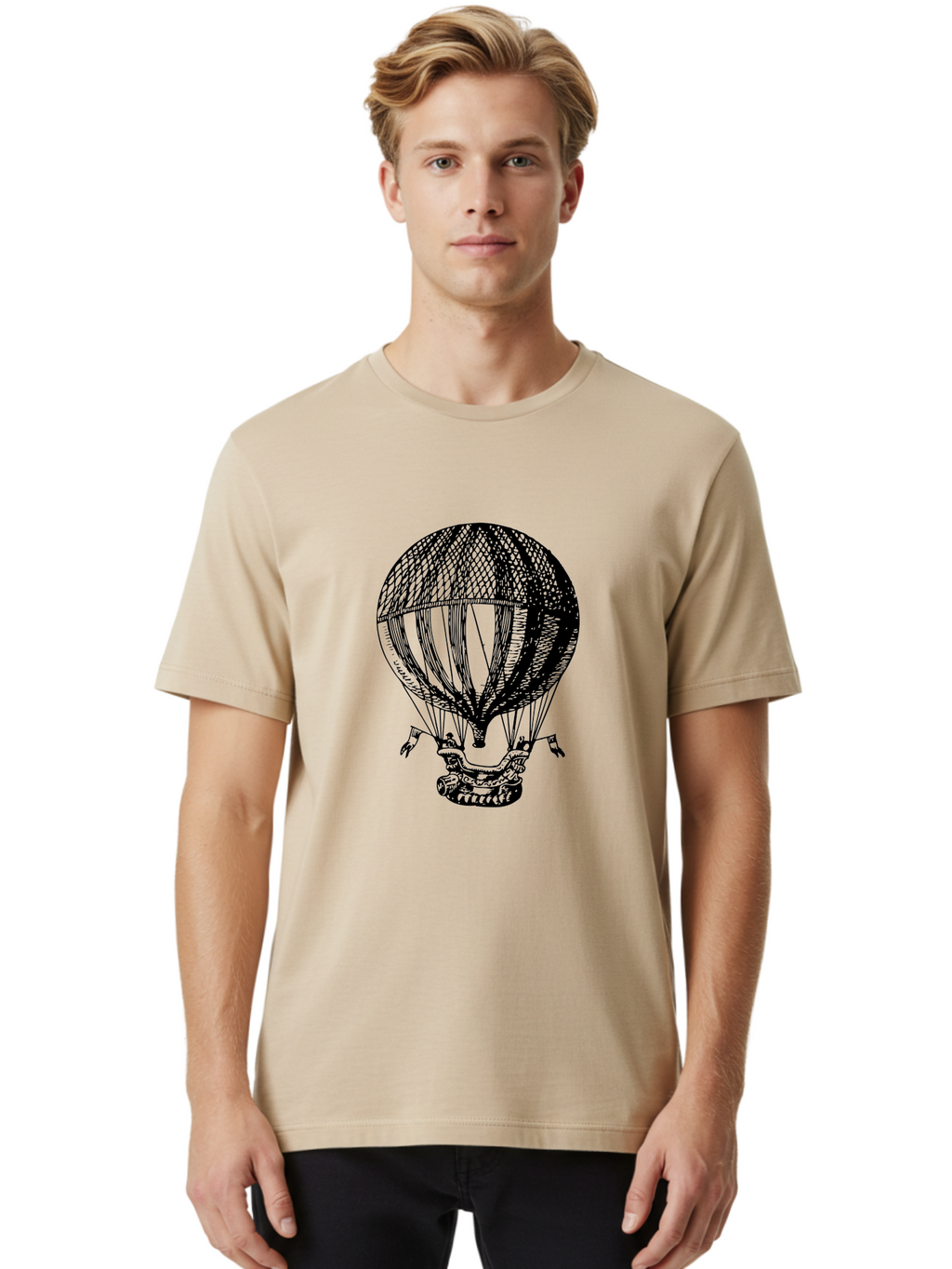 Hot-Air-Balloon-1 Men'S Graphic Tee, 100% Cotton, Comfortable Casual Summer Wear, Machine Washable, Vintage Hot Air Balloon, Retro Illustration, Adventurous Flight, Historic Aircraft, Flying High, Serene Landscape, Nostalgic Feel, Classic Art Aad796