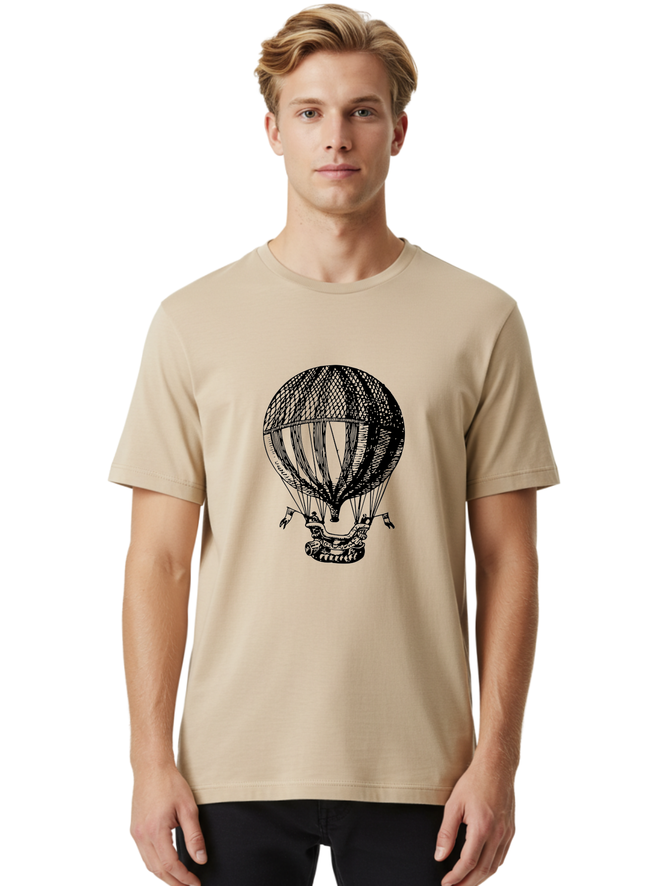 Hot-Air-Balloon-1 Men'S Graphic Tee, 100% Cotton, Comfortable Casual Summer Wear, Machine Washable, Vintage Hot Air Balloon, Retro Illustration, Adventurous Flight, Historic Aircraft, Flying High, Serene Landscape, Nostalgic Feel, Classic Art Aad796