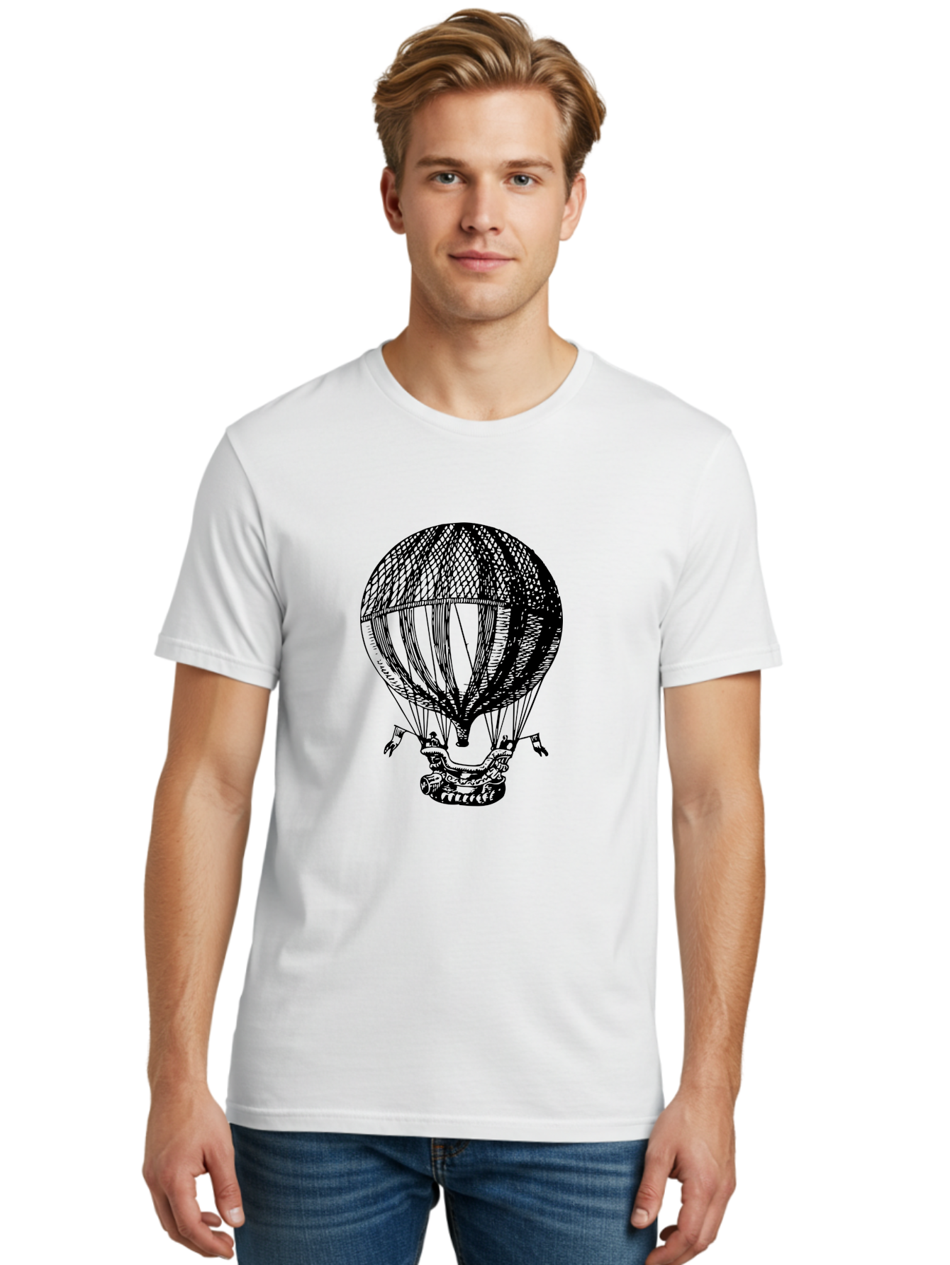 Hot-Air-Balloon-1 Men'S Graphic Tee, 100% Cotton, Comfortable Casual Summer Wear, Machine Washable, Vintage Hot Air Balloon, Retro Illustration, Adventurous Flight, Historic Aircraft, Flying High, Serene Landscape, Nostalgic Feel, Classic Art Aad796
