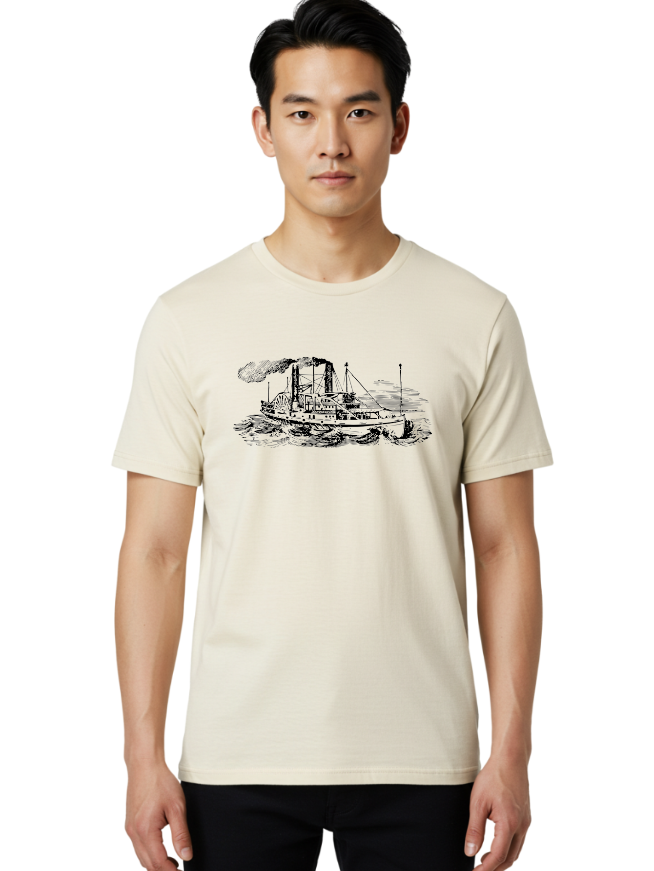 Paddle-Steamer Men'S Graphic Tee, 100% Cotton, Comfortable Casual Summer Wear, Machine Washable, Steamboat On The Water, Paddle Wheel, Vintage Illustration, Historic Vessel, Maritime History, Classic Design, Retro Style, Aad800