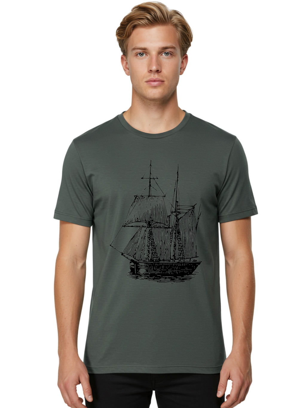 Sailboat Men'S Graphic Tee, 100% Cotton, Comfortable Casual Summer Wear, Machine Washable, Sailboat On Water, Sailing Vessel, Black And White Illustration, Nautical Theme, Ocean Scenery, Vintage Style, Maritime Art Aad806