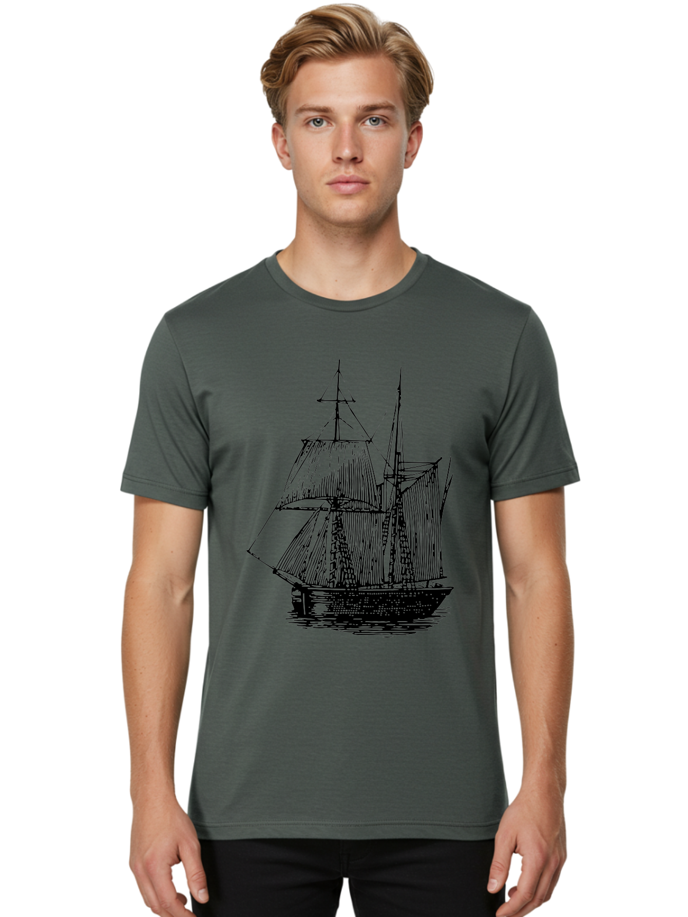 Sailboat Men'S Graphic Tee, 100% Cotton, Comfortable Casual Summer Wear, Machine Washable, Sailboat On Water, Sailing Vessel, Black And White Illustration, Nautical Theme, Ocean Scenery, Vintage Style, Maritime Art Aad806