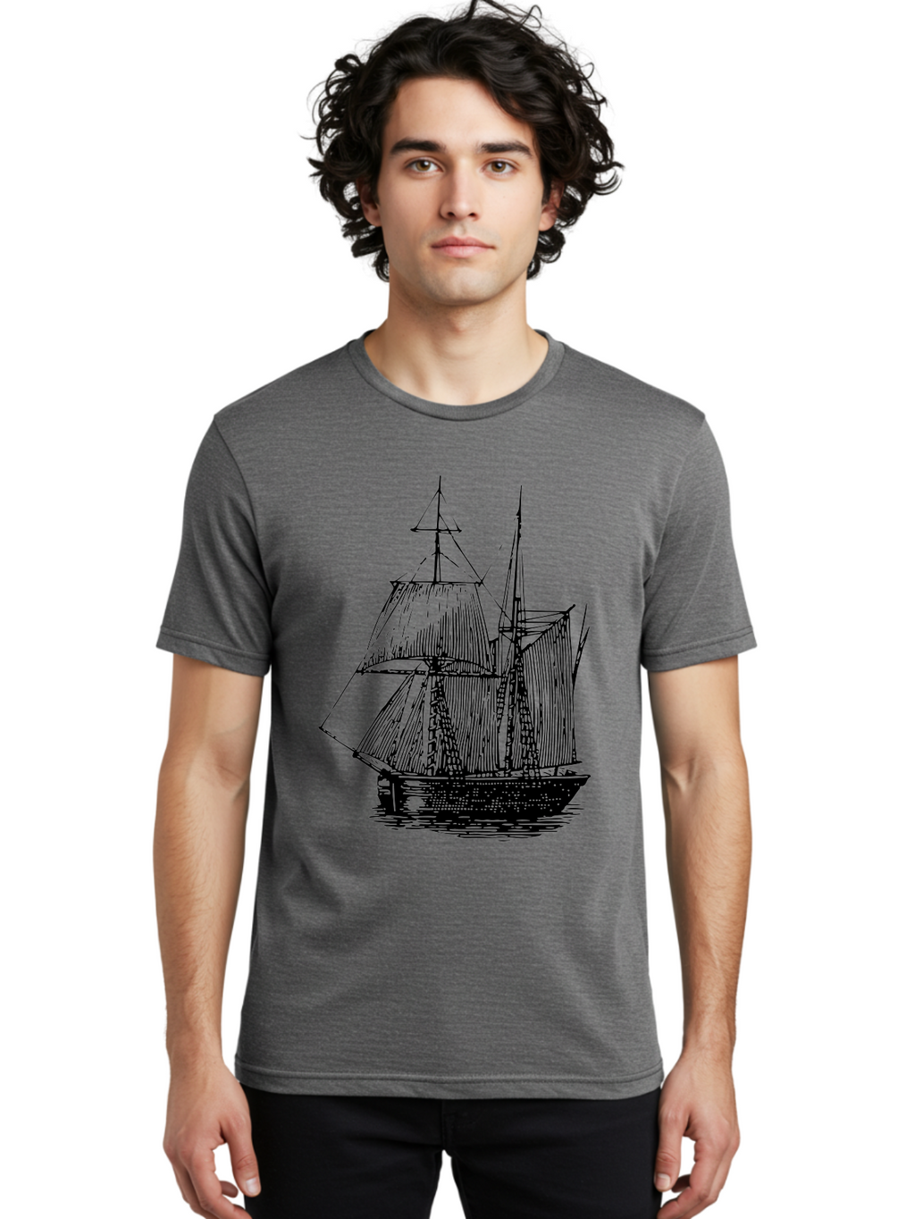 Sailboat Men'S Graphic Tee, 100% Cotton, Comfortable Casual Summer Wear, Machine Washable, Sailboat On Water, Sailing Vessel, Black And White Illustration, Nautical Theme, Ocean Scenery, Vintage Style, Maritime Art Aad806