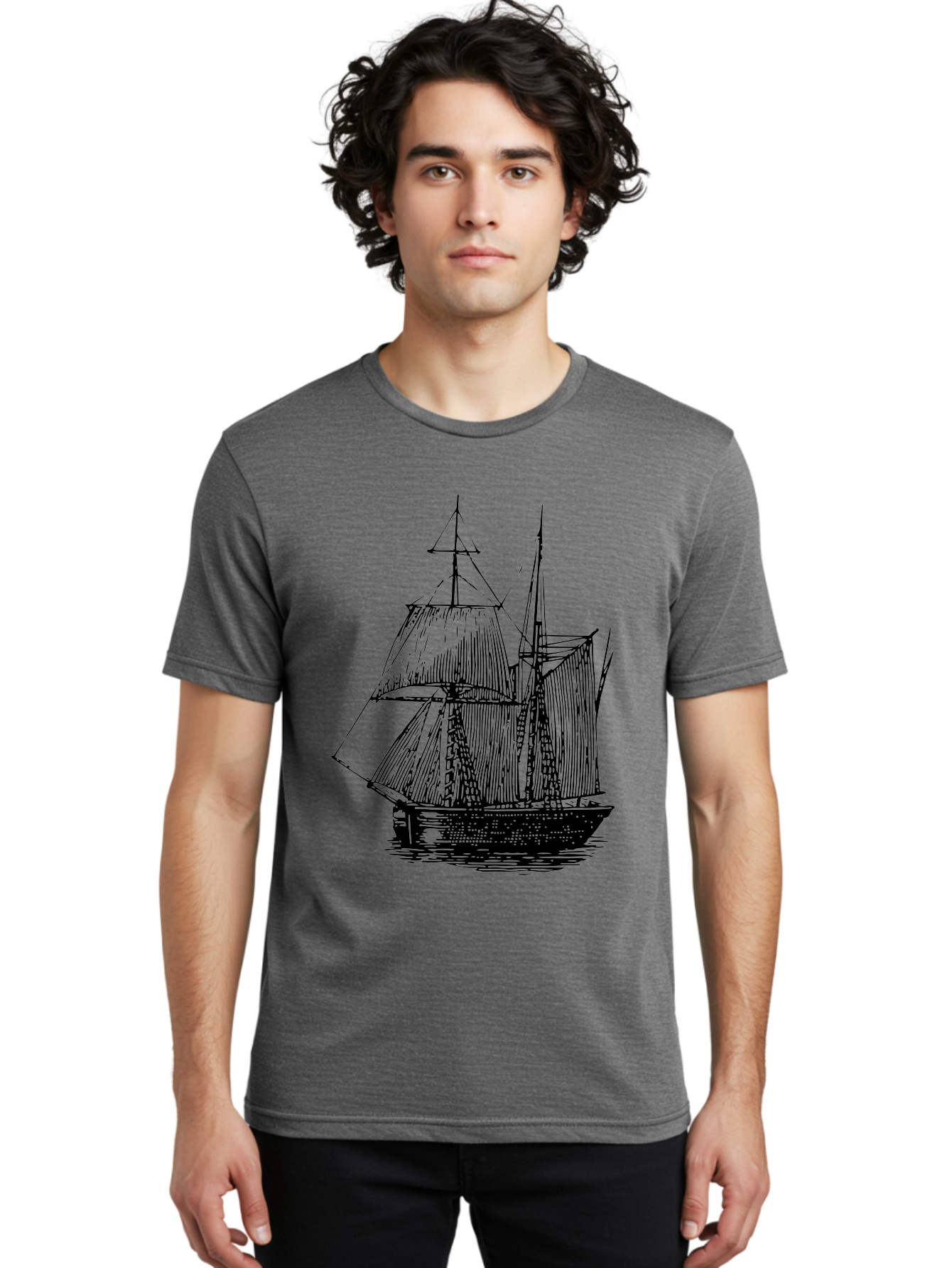 Sailboat Men'S Graphic Tee, 100% Cotton, Comfortable Casual Summer Wear, Machine Washable, Sailboat On Water, Sailing Vessel, Black And White Illustration, Nautical Theme, Ocean Scenery, Vintage Style, Maritime Art Aad806
