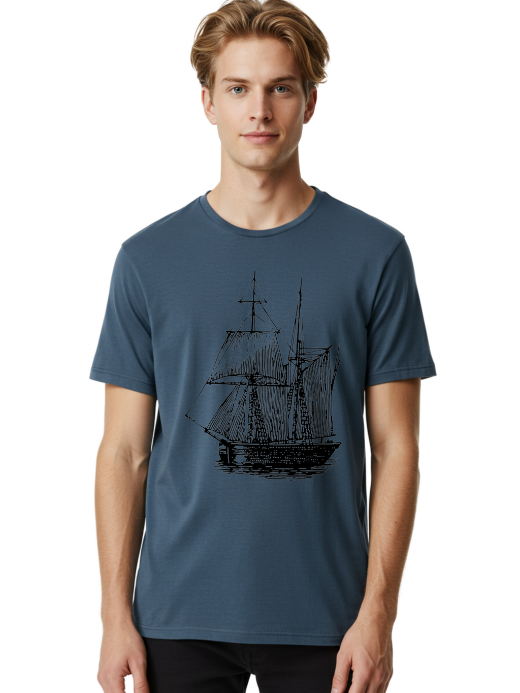 Sailboat Men'S Graphic Tee, 100% Cotton, Comfortable Casual Summer Wear, Machine Washable, Sailboat On Water, Sailing Vessel, Black And White Illustration, Nautical Theme, Ocean Scenery, Vintage Style, Maritime Art Aad806