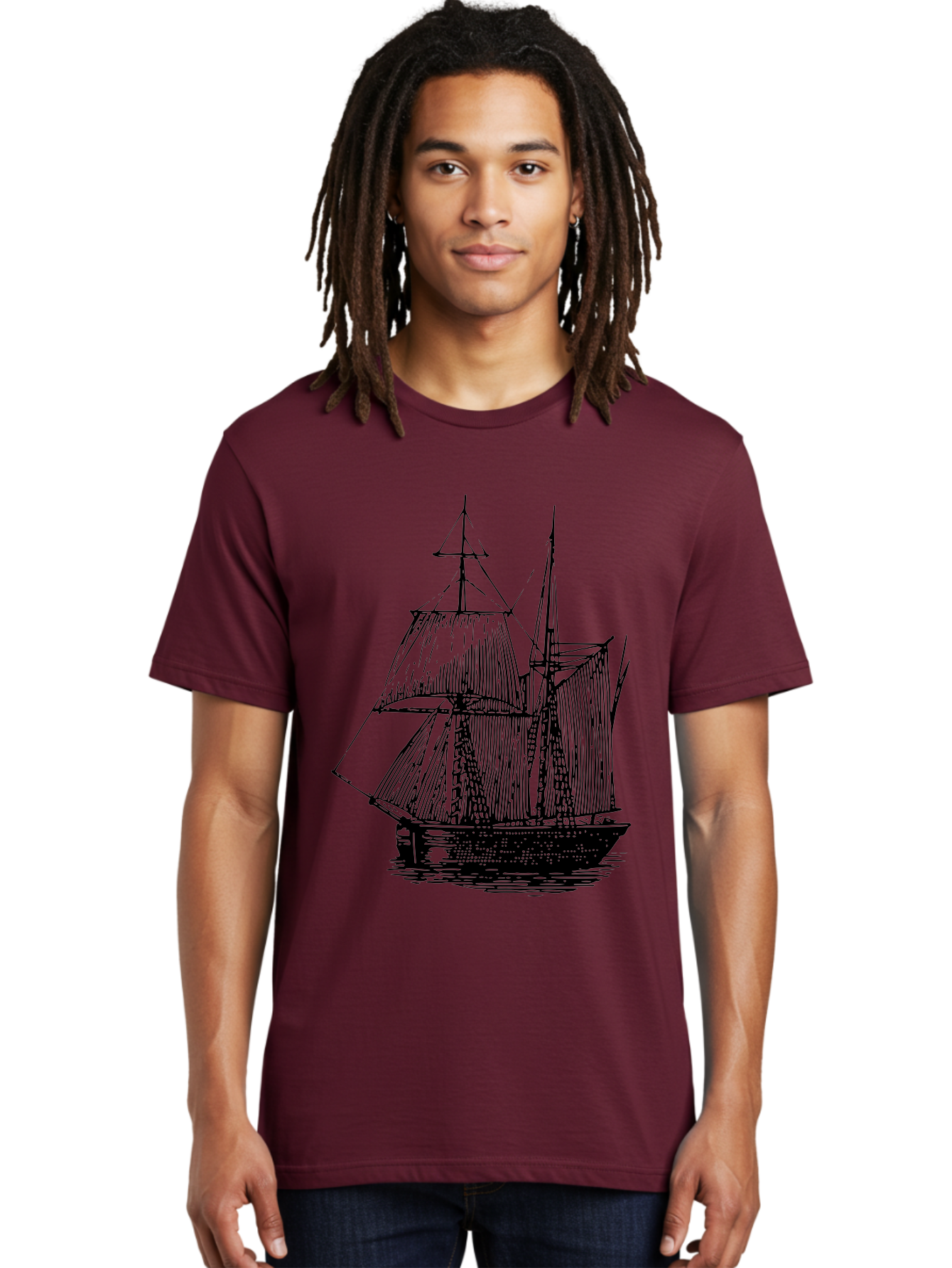 Sailboat Men'S Graphic Tee, 100% Cotton, Comfortable Casual Summer Wear, Machine Washable, Sailboat On Water, Sailing Vessel, Black And White Illustration, Nautical Theme, Ocean Scenery, Vintage Style, Maritime Art Aad806
