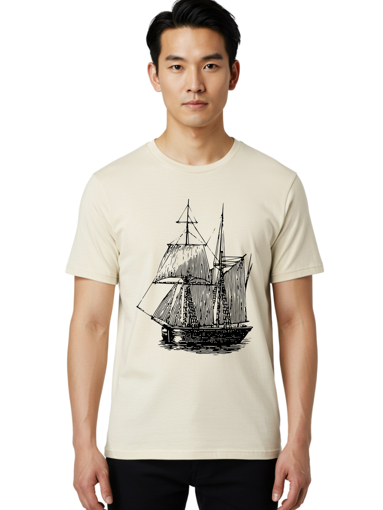 Sailboat Men'S Graphic Tee, 100% Cotton, Comfortable Casual Summer Wear, Machine Washable, Sailboat On Water, Sailing Vessel, Black And White Illustration, Nautical Theme, Ocean Scenery, Vintage Style, Maritime Art Aad806