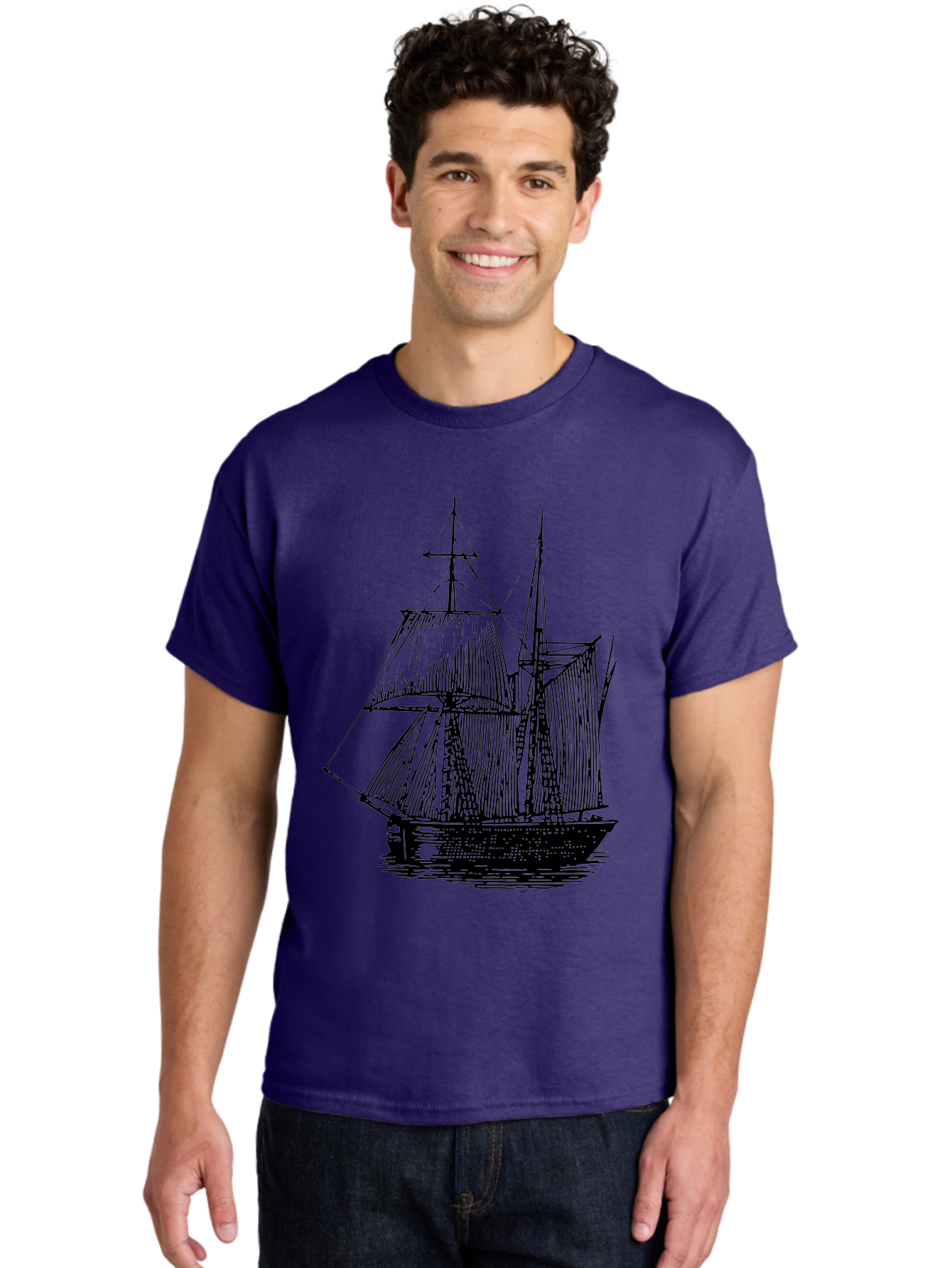 Sailboat Men'S Graphic Tee, 100% Cotton, Comfortable Casual Summer Wear, Machine Washable, Sailboat On Water, Sailing Vessel, Black And White Illustration, Nautical Theme, Ocean Scenery, Vintage Style, Maritime Art Aad806