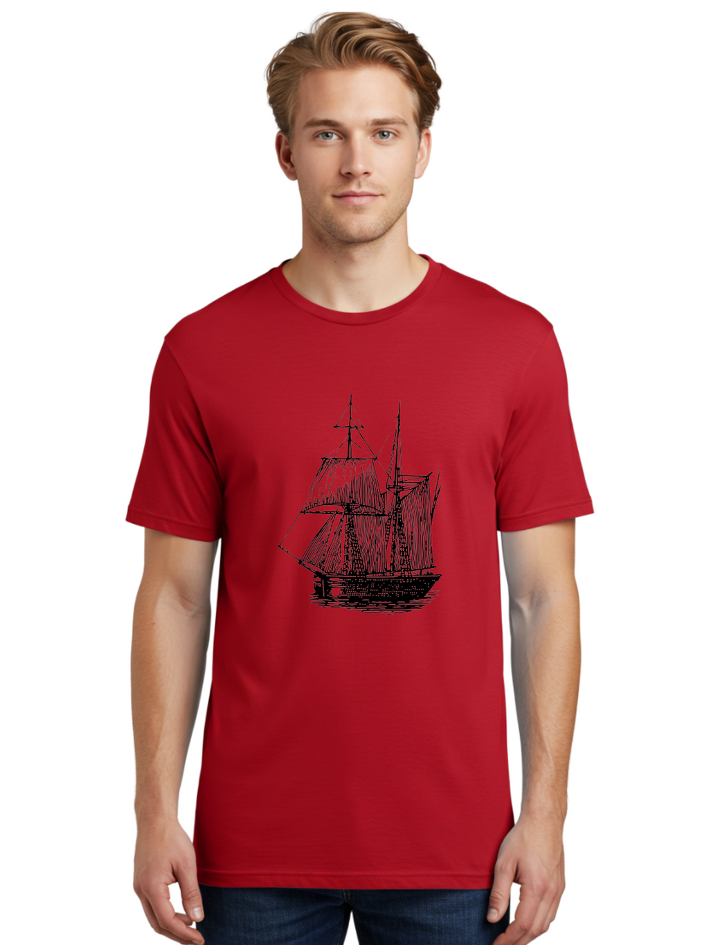 Sailboat Men'S Graphic Tee, 100% Cotton, Comfortable Casual Summer Wear, Machine Washable, Sailboat On Water, Sailing Vessel, Black And White Illustration, Nautical Theme, Ocean Scenery, Vintage Style, Maritime Art Aad806