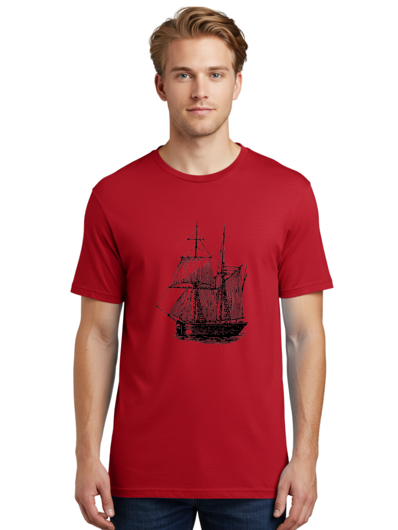 Sailboat Men'S Graphic Tee, 100% Cotton, Comfortable Casual Summer Wear, Machine Washable, Sailboat On Water, Sailing Vessel, Black And White Illustration, Nautical Theme, Ocean Scenery, Vintage Style, Maritime Art Aad806