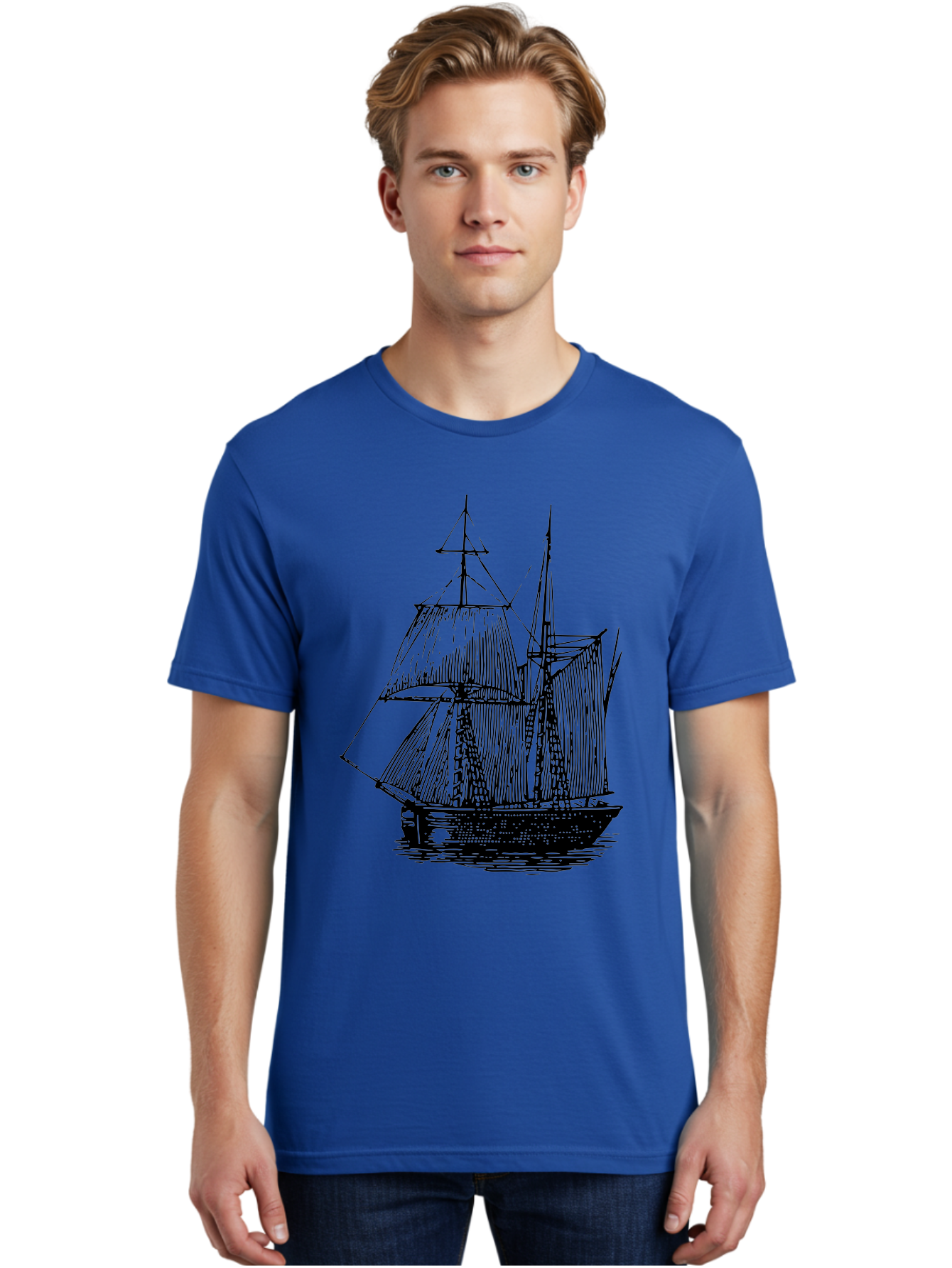 Sailboat Men'S Graphic Tee, 100% Cotton, Comfortable Casual Summer Wear, Machine Washable, Sailboat On Water, Sailing Vessel, Black And White Illustration, Nautical Theme, Ocean Scenery, Vintage Style, Maritime Art Aad806
