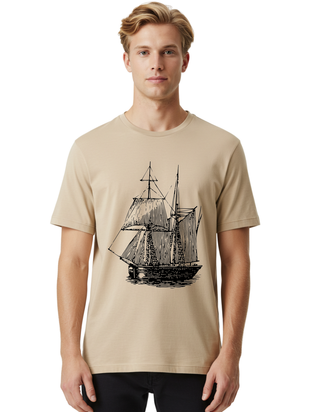 Sailboat Men'S Graphic Tee, 100% Cotton, Comfortable Casual Summer Wear, Machine Washable, Sailboat On Water, Sailing Vessel, Black And White Illustration, Nautical Theme, Ocean Scenery, Vintage Style, Maritime Art Aad806