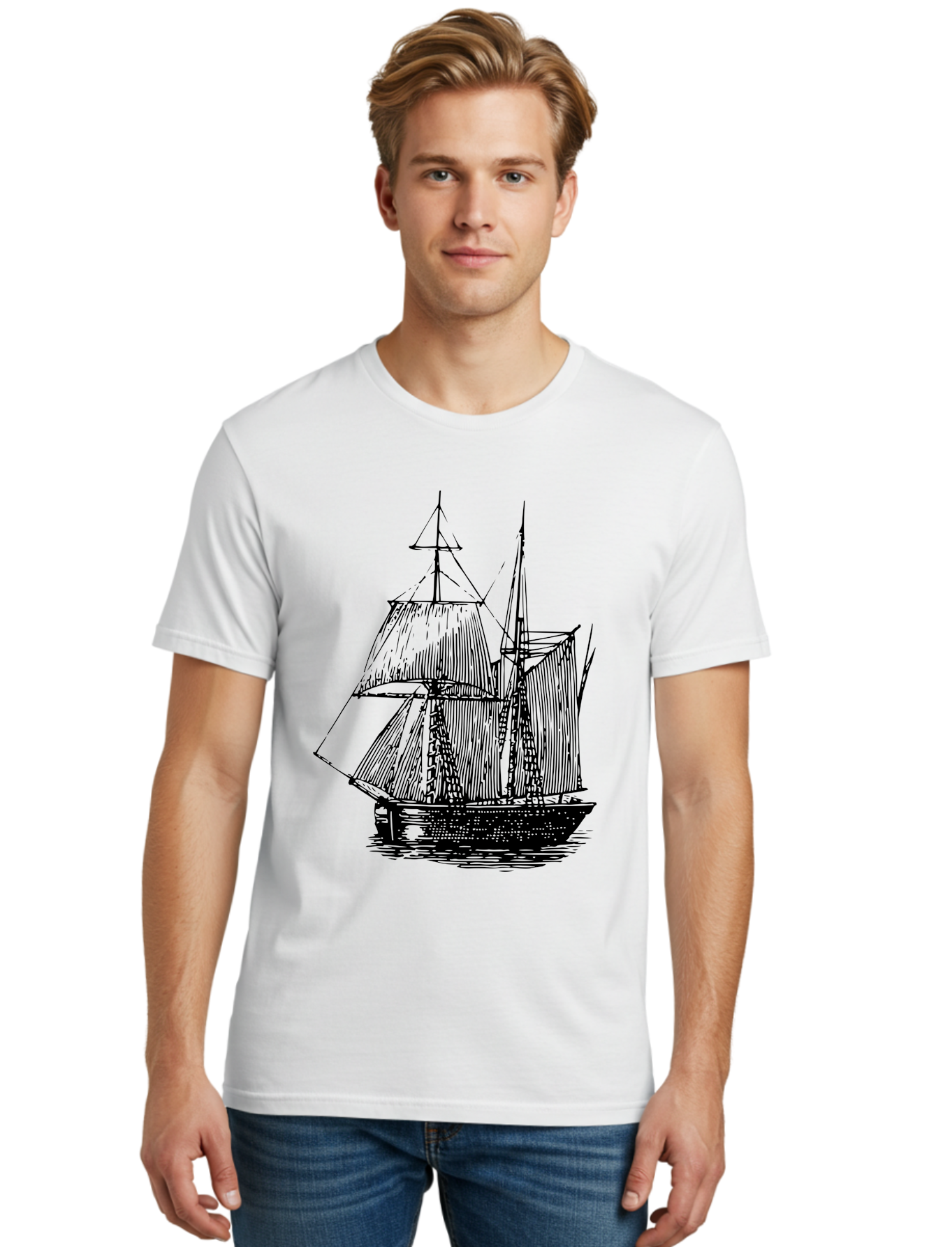 Sailboat Men'S Graphic Tee, 100% Cotton, Comfortable Casual Summer Wear, Machine Washable, Sailboat On Water, Sailing Vessel, Black And White Illustration, Nautical Theme, Ocean Scenery, Vintage Style, Maritime Art Aad806
