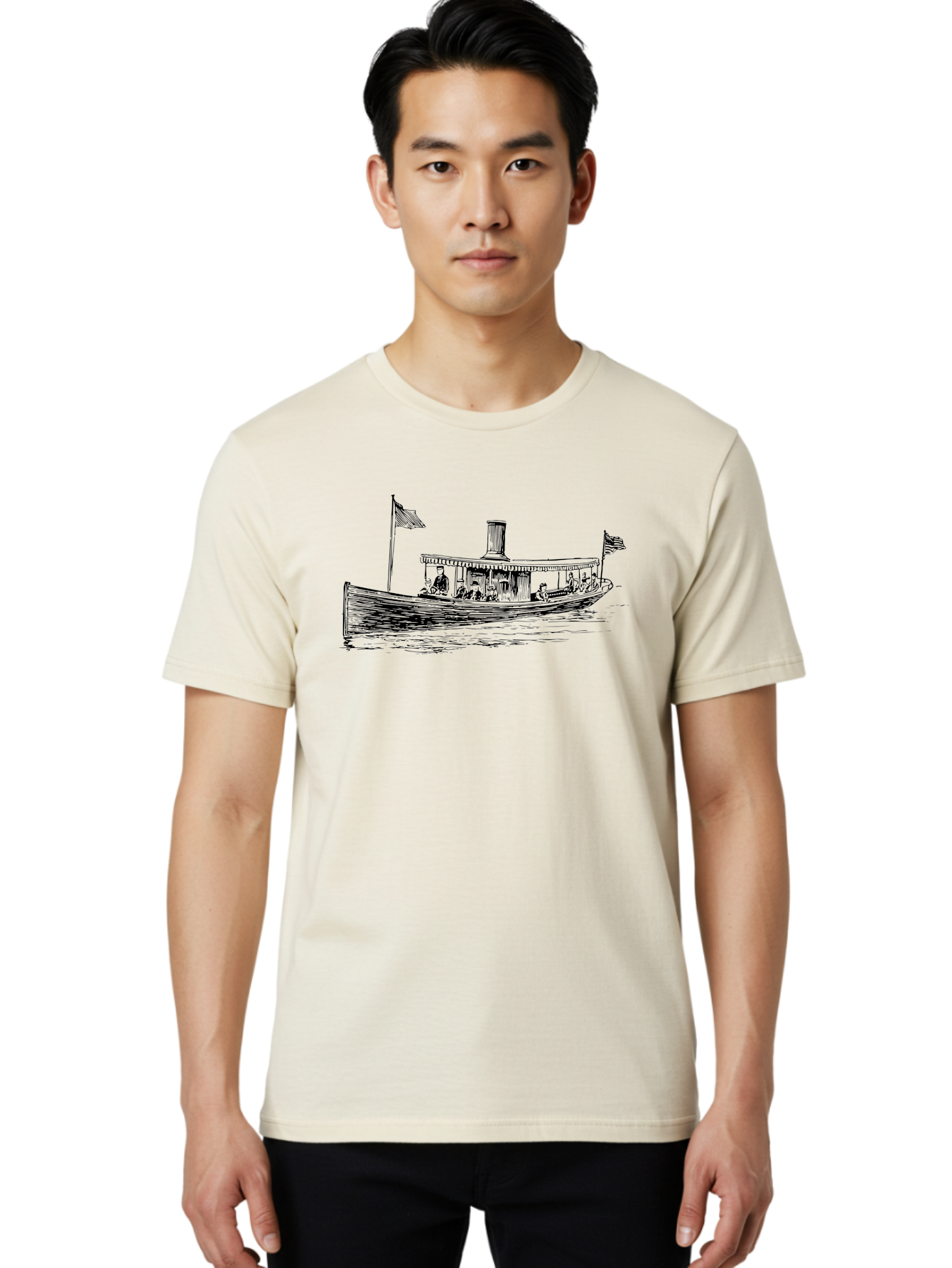Steam-Boat Men'S Graphic Tee, 100% Cotton, Comfortable Casual Summer Wear, Machine Washable, Steamboat On The Water, American Flag, People On Board, Vintage Illustration, Historic Vessel, Classic Transportation Aad808