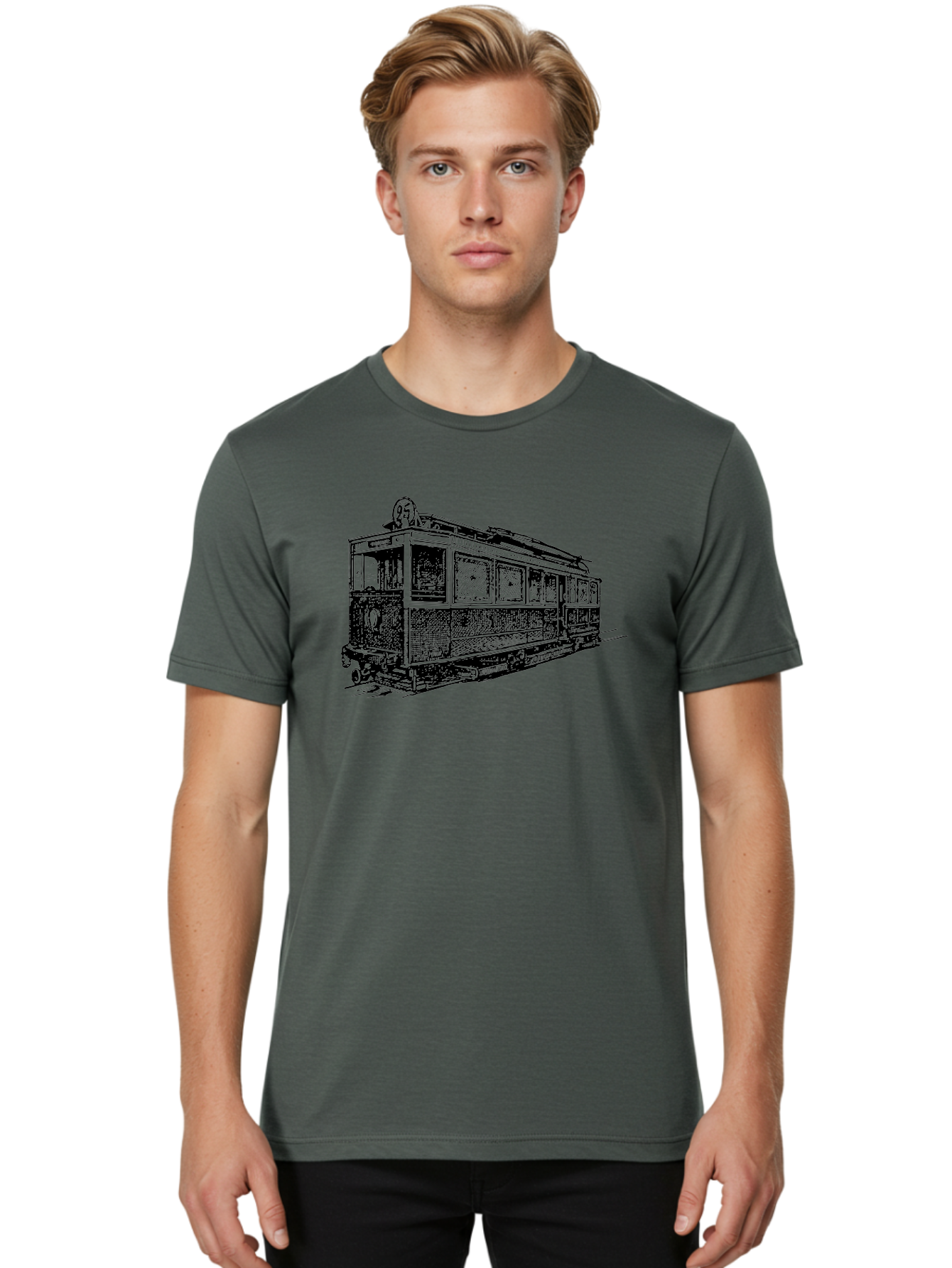 Tram-Car Men'S Graphic Tee, 100% Cotton, Comfortable Casual Summer Wear, Machine Washable, Vintage Trolley, Urban Transportation, Public Transit, Classic Vehicle, Electric Tram, Retro Style, Nostalgic Design, Tramway Aad815