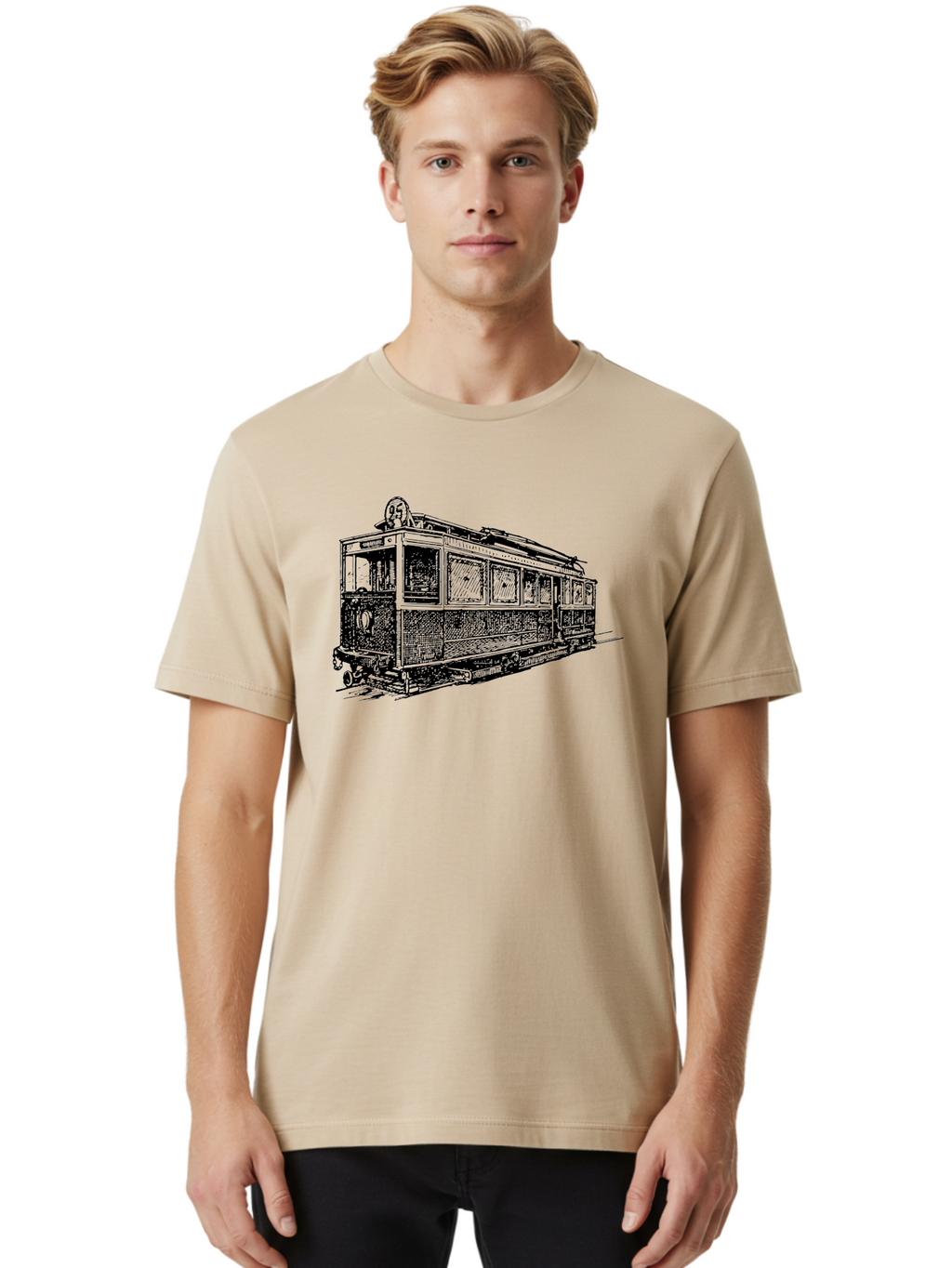 Tram-Car Men'S Graphic Tee, 100% Cotton, Comfortable Casual Summer Wear, Machine Washable, Vintage Trolley, Urban Transportation, Public Transit, Classic Vehicle, Electric Tram, Retro Style, Nostalgic Design, Tramway Aad815