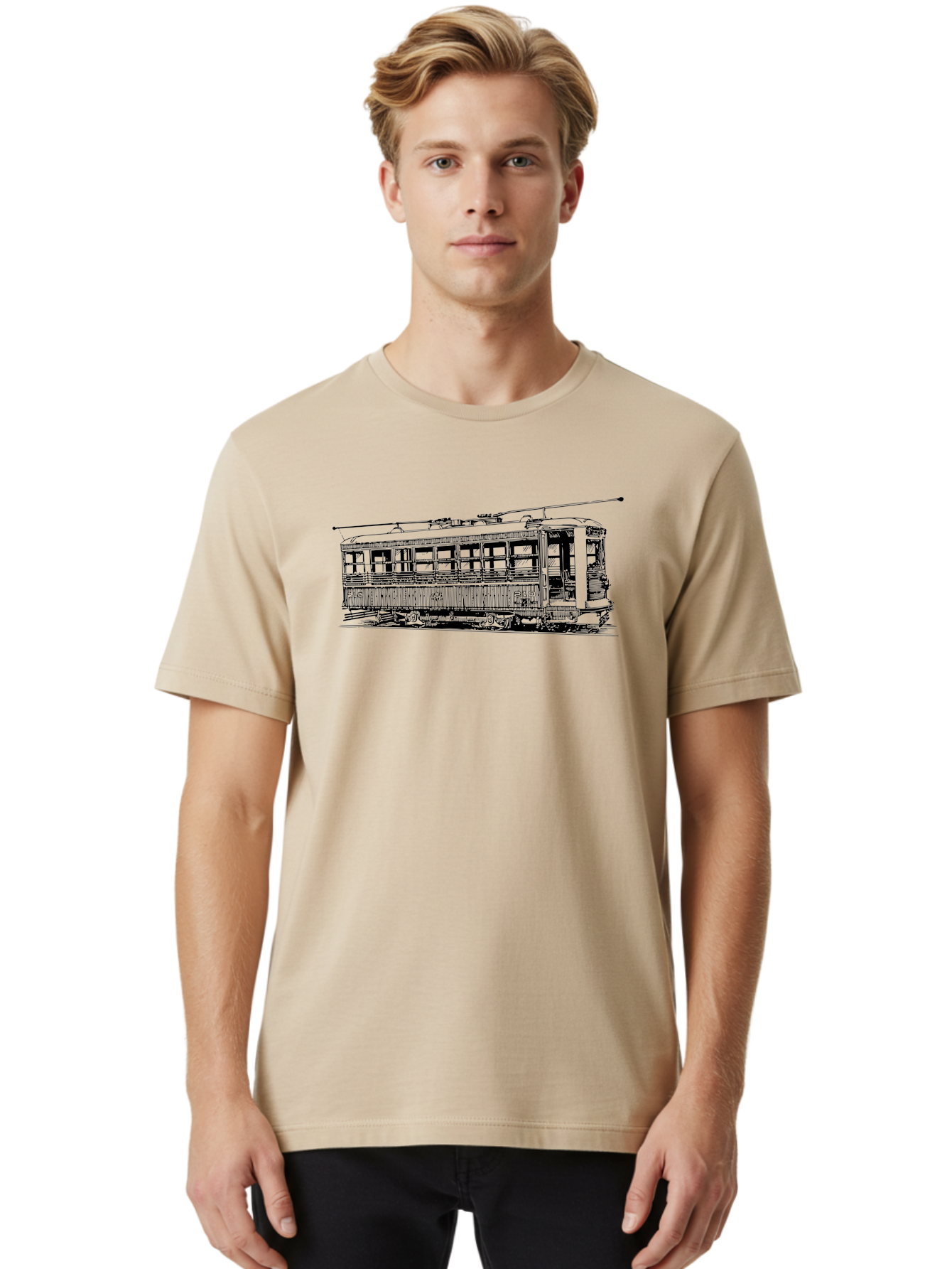 Trolley Men'S Graphic Tee, 100% Cotton, Comfortable Casual Summer Wear, Machine Washable, Vintage Trolley, Classic Transportation, Retro Streetcar, Urban Transit, Nostalgic Vehicle, Public Transportation, Historic Tram Aad817