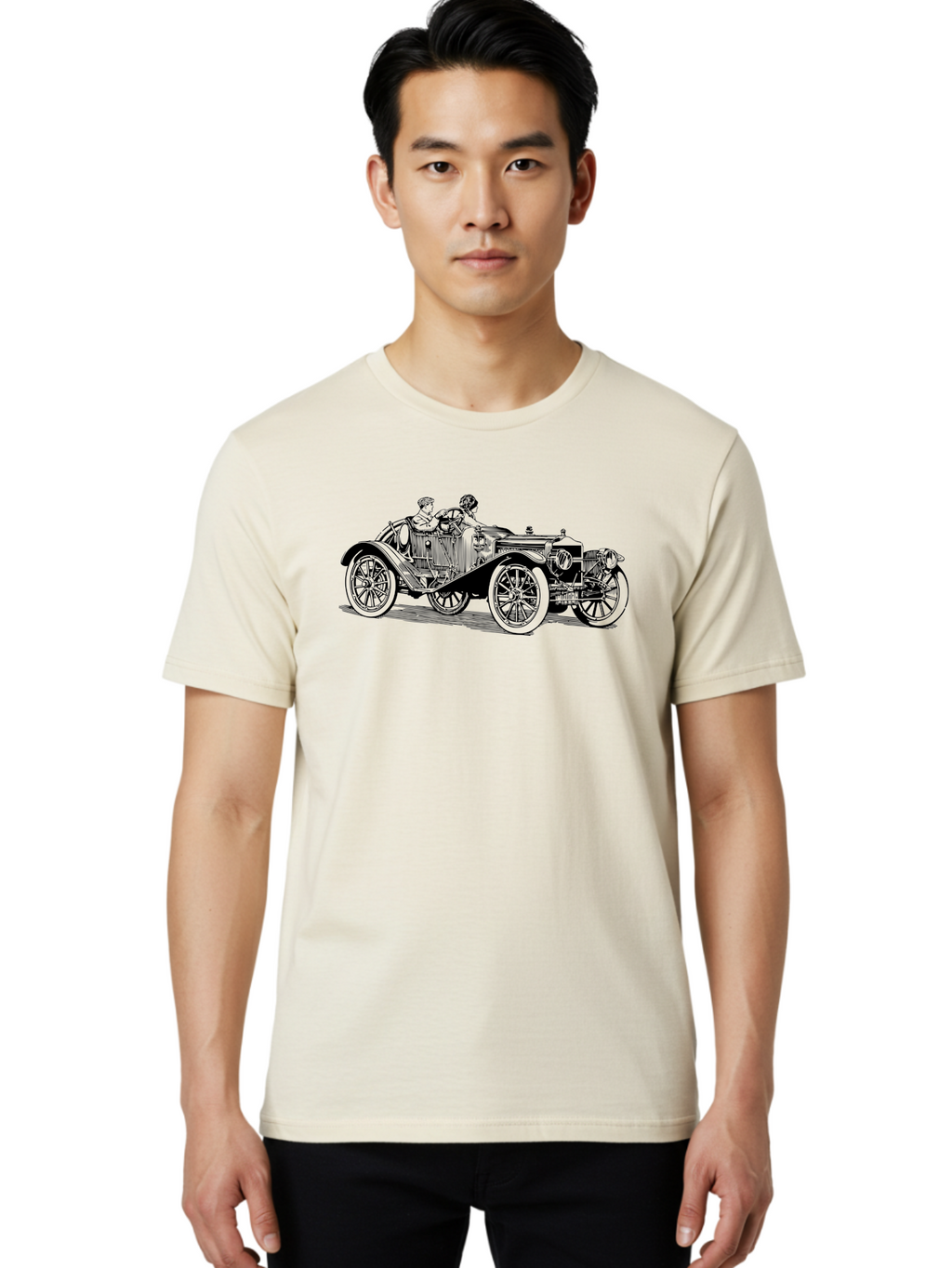 Vintage-Car-4 Men'S Graphic Tee, 100% Cotton, Comfortable Casual Summer Wear, Machine Washable, Vintage Car, Antique Automobile, Classic Vehicle, Retro Transportation, Old-Fashioned Car, Two People Riding Aad824