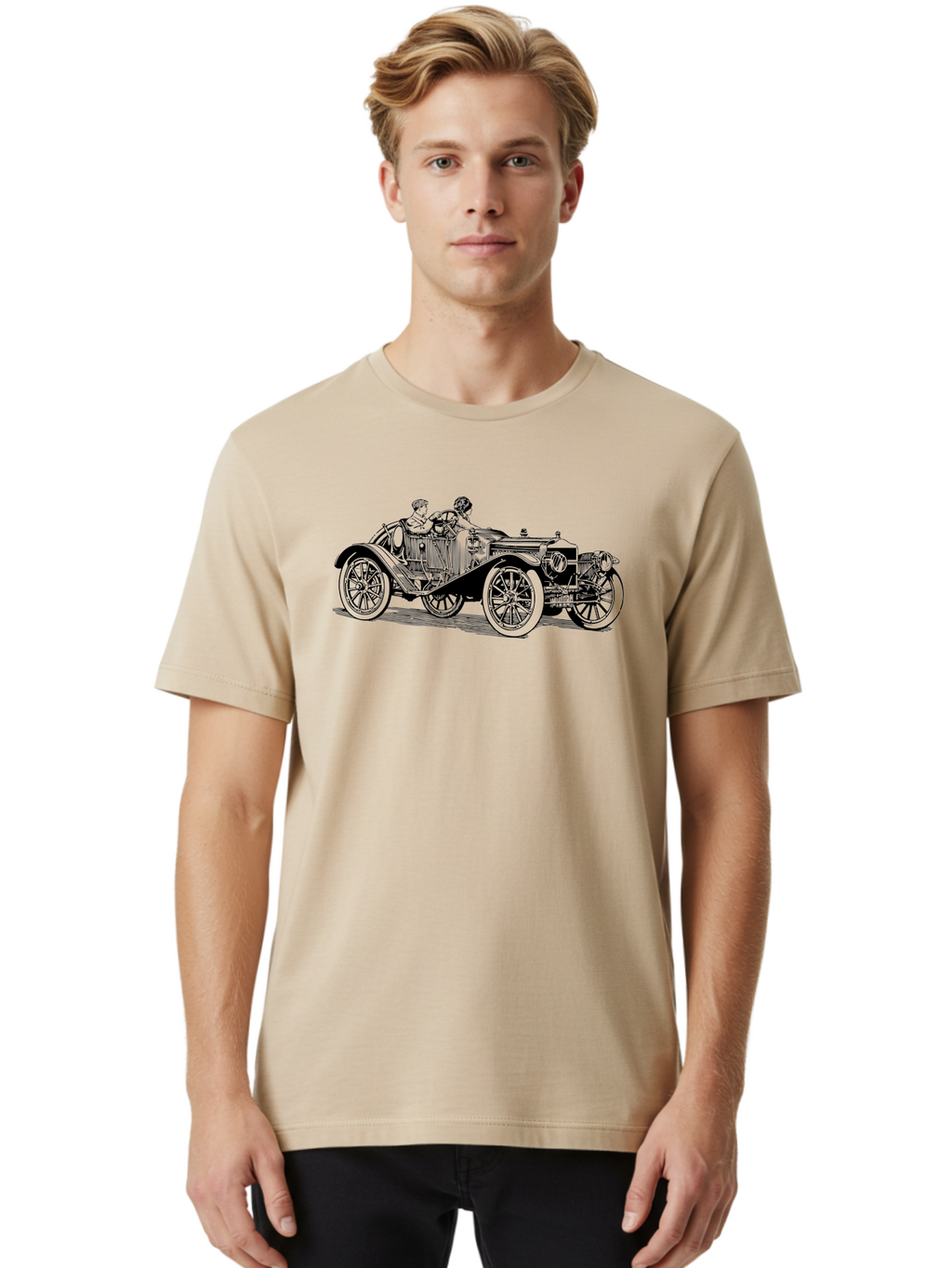 Vintage-Car-4 Men'S Graphic Tee, 100% Cotton, Comfortable Casual Summer Wear, Machine Washable, Vintage Car, Antique Automobile, Classic Vehicle, Retro Transportation, Old-Fashioned Car, Two People Riding Aad824