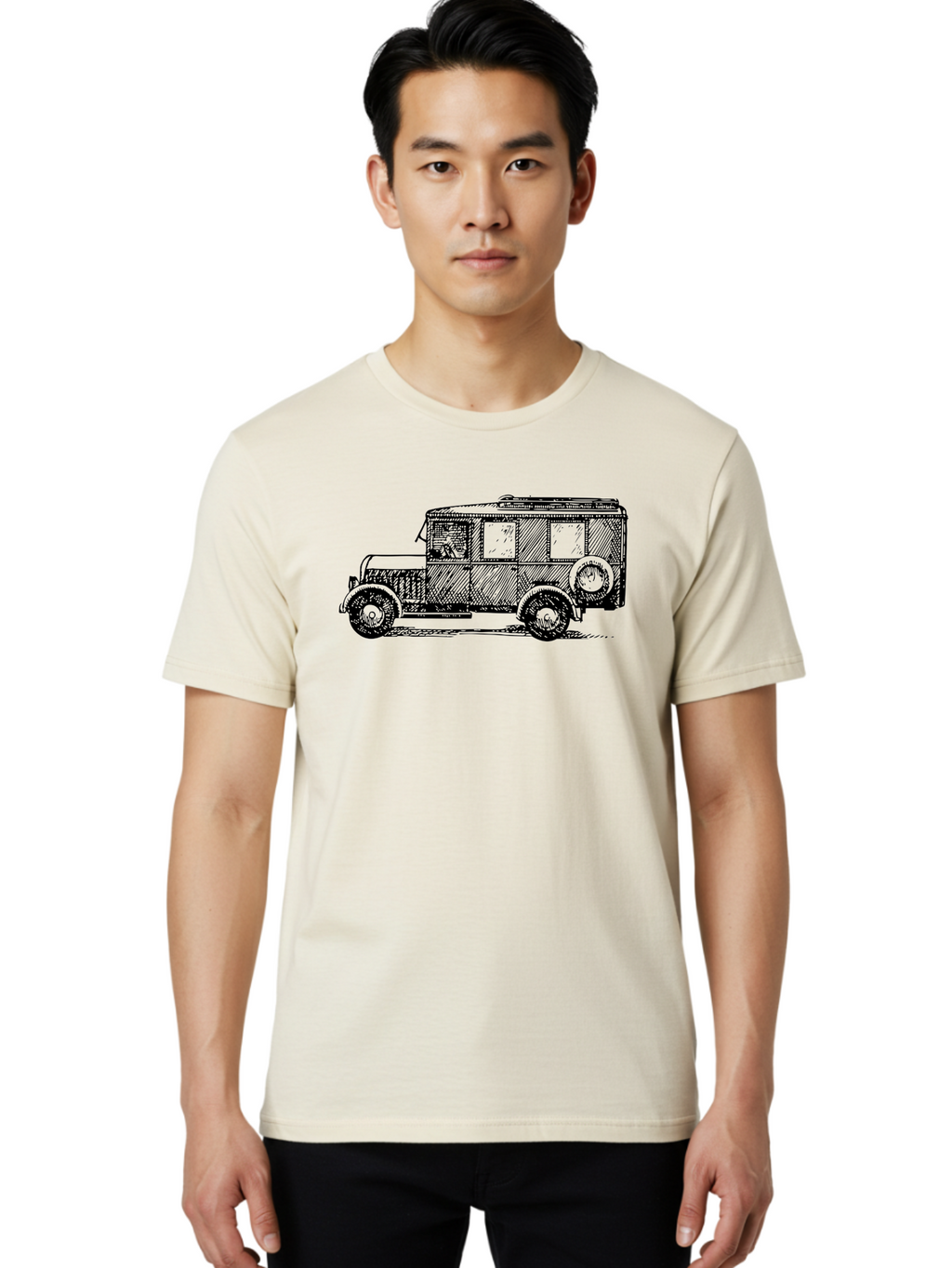 Vintage-Car-7 Men'S Graphic Tee, 100% Cotton, Comfortable Casual Summer Wear, Machine Washable, Vintage Car, Old Car, Classic Vehicle, Retro Automobile, Antique Car, Old-Fashioned Transportation, Monochrome Illustration, Simple Design Aad827