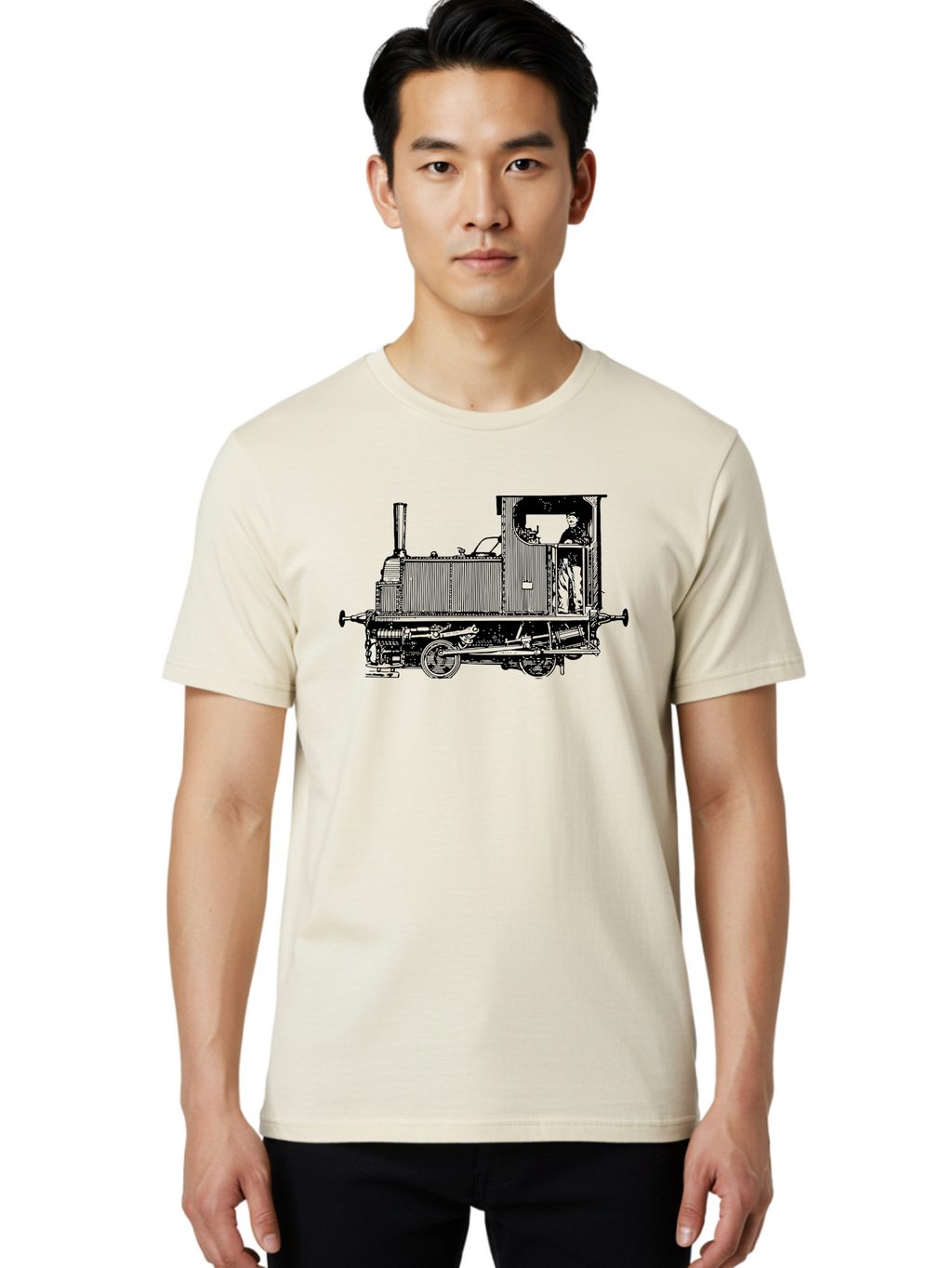 Vintage-Train-Engine Men'S Graphic Tee, 100% Cotton, Comfortable Casual Summer Wear, Machine Washable, Vintage Train, Steam Locomotive, Railway Transportation, Retro Engine, Conductor In Cab, Mechanical Details, Industrial Heritage, Aad834