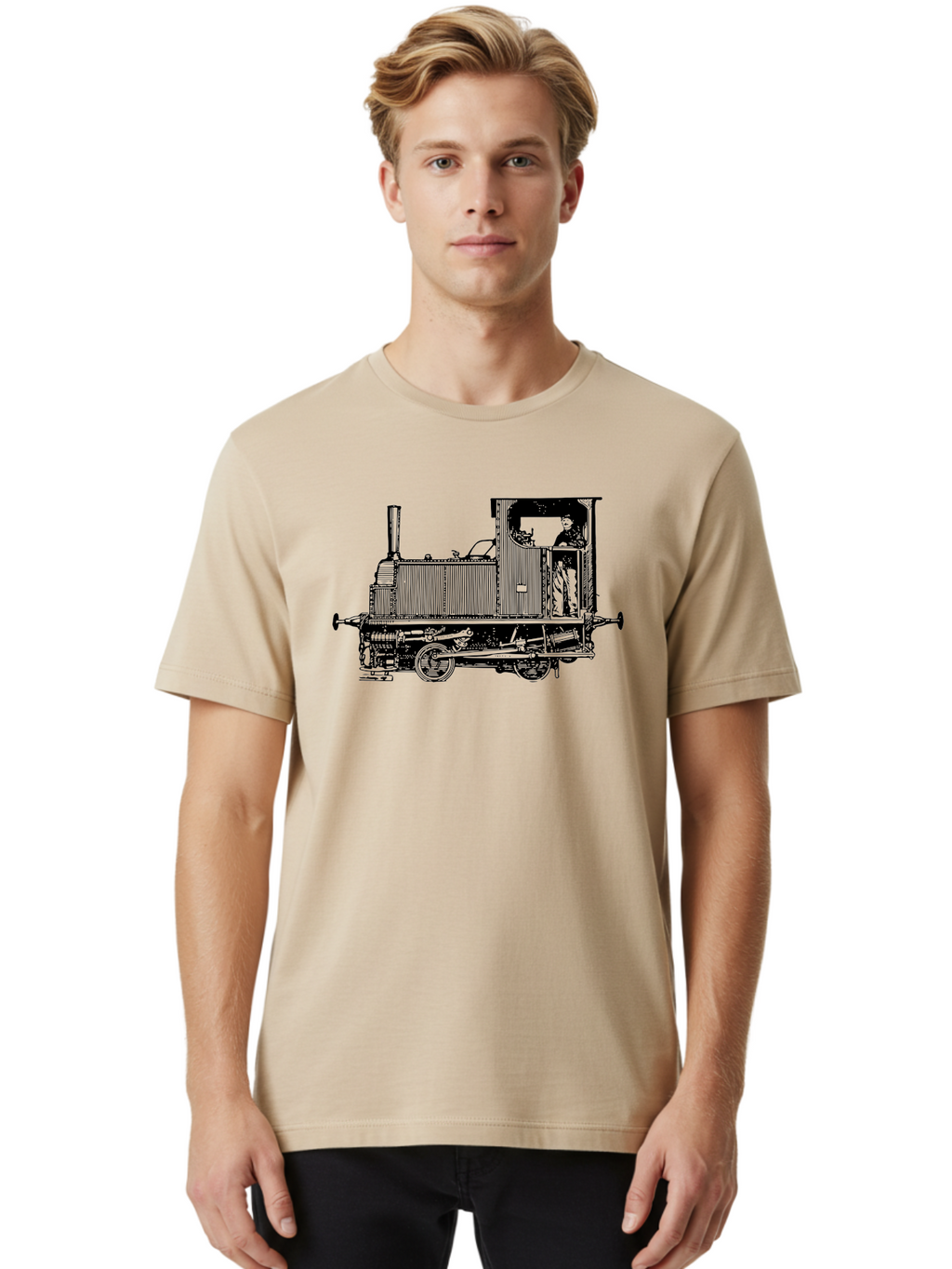 Vintage-Train-Engine Men'S Graphic Tee, 100% Cotton, Comfortable Casual Summer Wear, Machine Washable, Vintage Train, Steam Locomotive, Railway Transportation, Retro Engine, Conductor In Cab, Mechanical Details, Industrial Heritage, Aad834