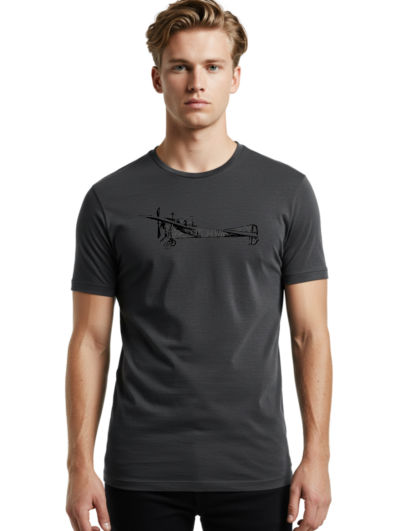 Wwi-Biplane Men'S Graphic Tee, 100% Cotton, Comfortable Casual Summer Wear, Machine Washable, Vintage Biplane, Old Airplane, Historical Aircraft, Classic Aviation, Retro Flying Machine, Nostalgic Design, Wooden Aircraft, Aad840