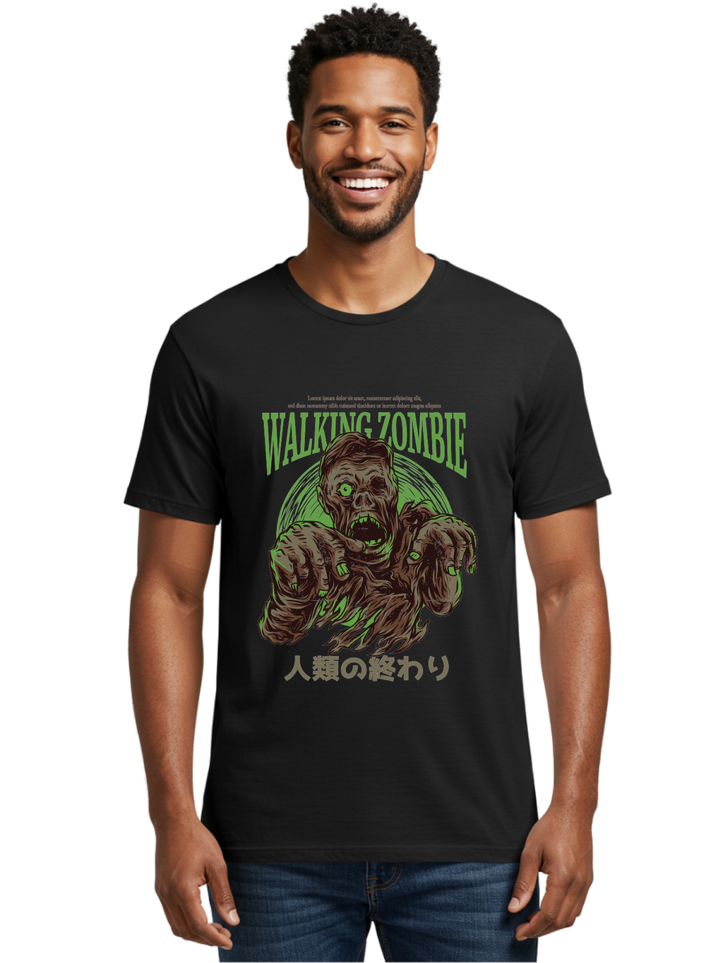 Walking-Zombie Men'S Graphic Tee, 100% Cotton, Comfortable Casual Summer Wear, Machine Washable, Zombie Apocalypse, Undead Creature, Horror Movie, Dark Art, Gruesome Illustration, Japanese Text, Zombie Outbreak, Creatures Of The Night Aad843