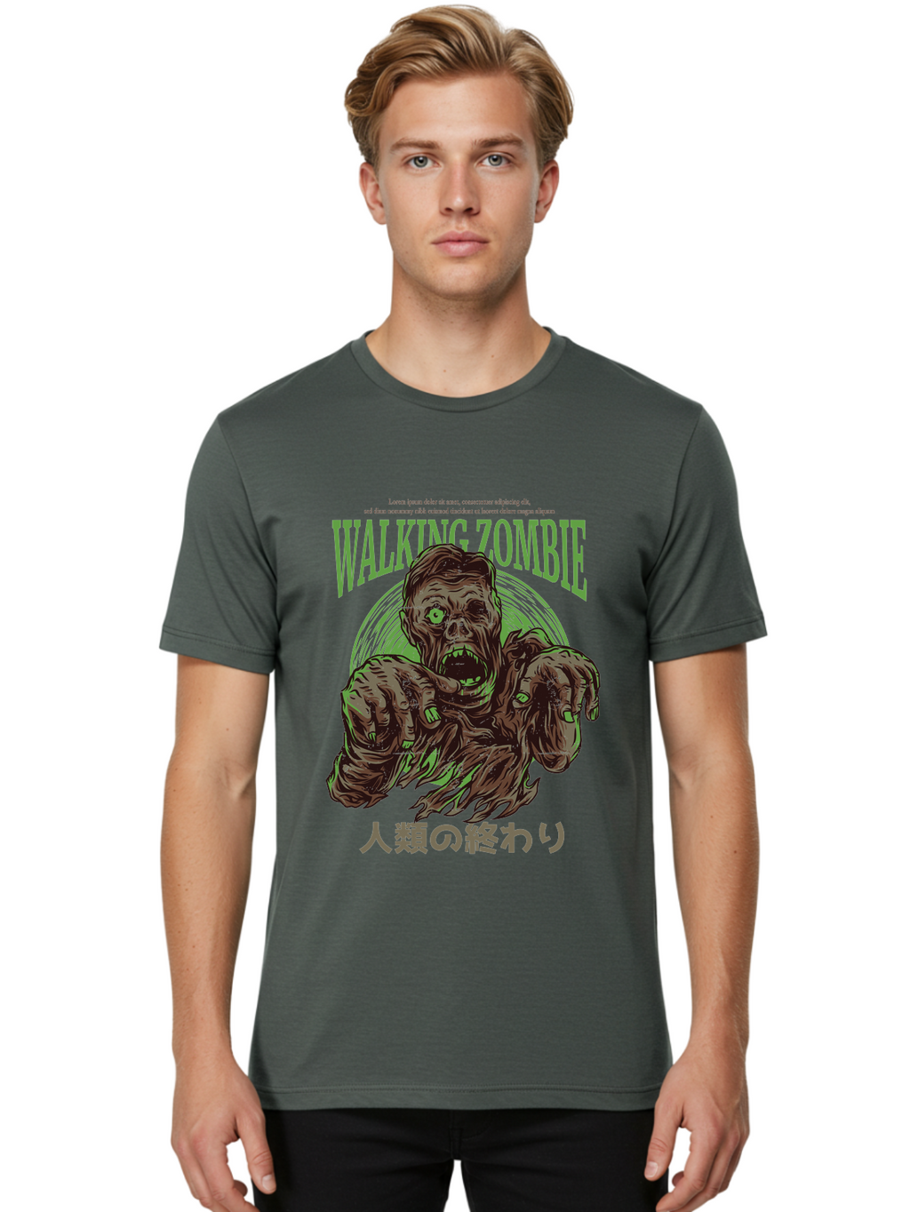 Walking-Zombie Men'S Graphic Tee, 100% Cotton, Comfortable Casual Summer Wear, Machine Washable, Zombie Apocalypse, Undead Creature, Horror Movie, Dark Art, Gruesome Illustration, Japanese Text, Zombie Outbreak, Creatures Of The Night Aad843
