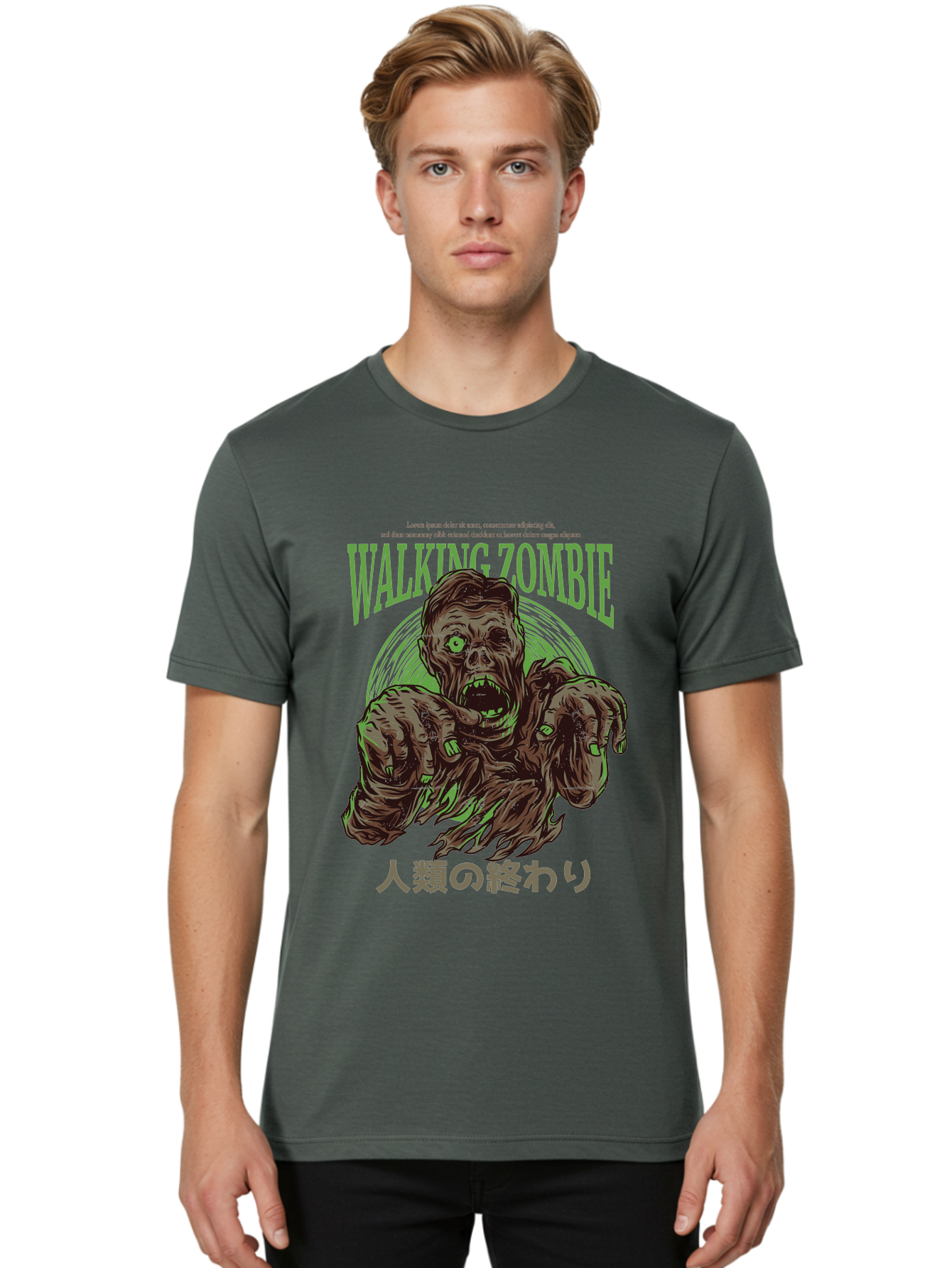 Walking-Zombie Men'S Graphic Tee, 100% Cotton, Comfortable Casual Summer Wear, Machine Washable, Zombie Apocalypse, Undead Creature, Horror Movie, Dark Art, Gruesome Illustration, Japanese Text, Zombie Outbreak, Creatures Of The Night Aad843