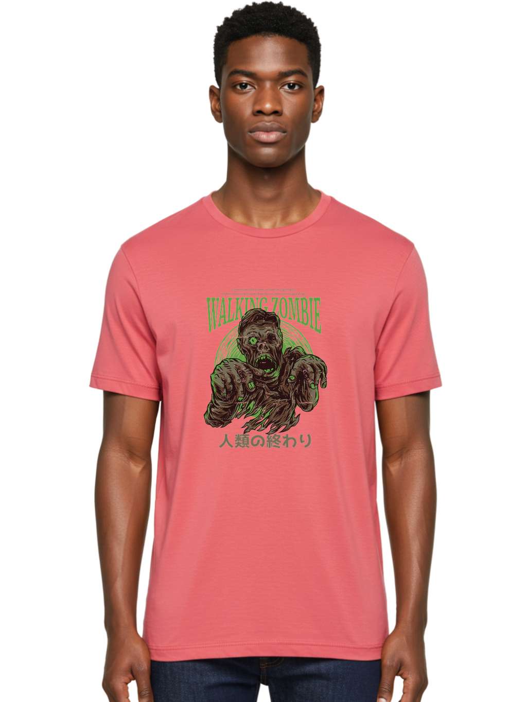 Walking-Zombie Men'S Graphic Tee, 100% Cotton, Comfortable Casual Summer Wear, Machine Washable, Zombie Apocalypse, Undead Creature, Horror Movie, Dark Art, Gruesome Illustration, Japanese Text, Zombie Outbreak, Creatures Of The Night Aad843