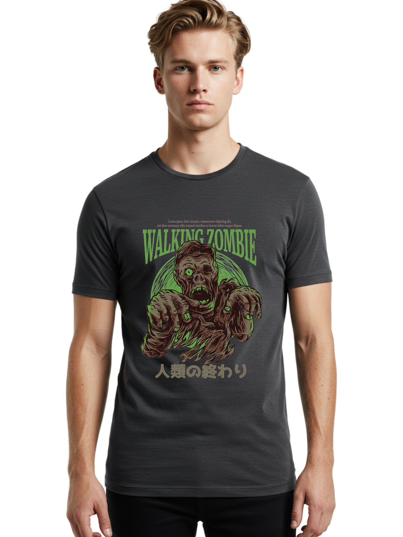 Walking-Zombie Men'S Graphic Tee, 100% Cotton, Comfortable Casual Summer Wear, Machine Washable, Zombie Apocalypse, Undead Creature, Horror Movie, Dark Art, Gruesome Illustration, Japanese Text, Zombie Outbreak, Creatures Of The Night Aad843