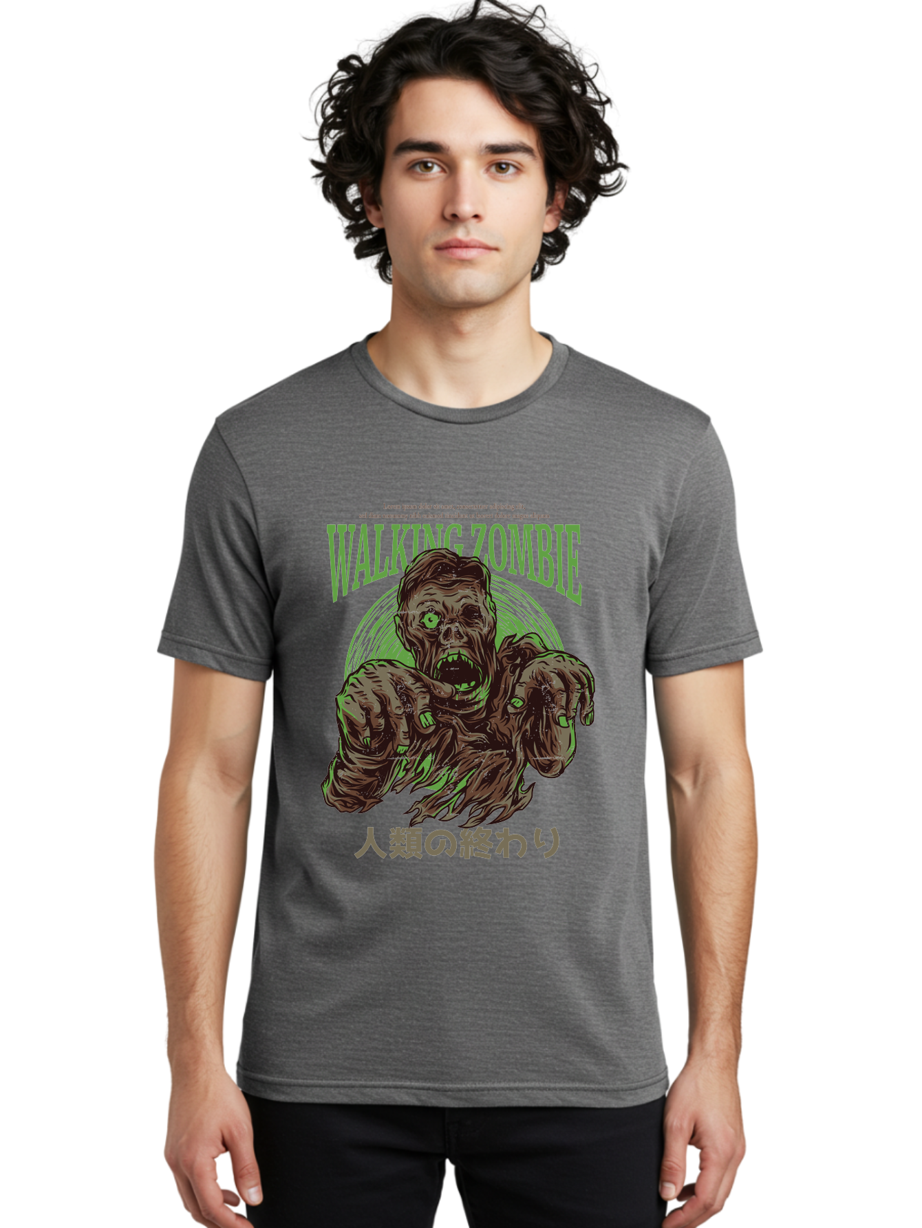 Walking-Zombie Men'S Graphic Tee, 100% Cotton, Comfortable Casual Summer Wear, Machine Washable, Zombie Apocalypse, Undead Creature, Horror Movie, Dark Art, Gruesome Illustration, Japanese Text, Zombie Outbreak, Creatures Of The Night Aad843