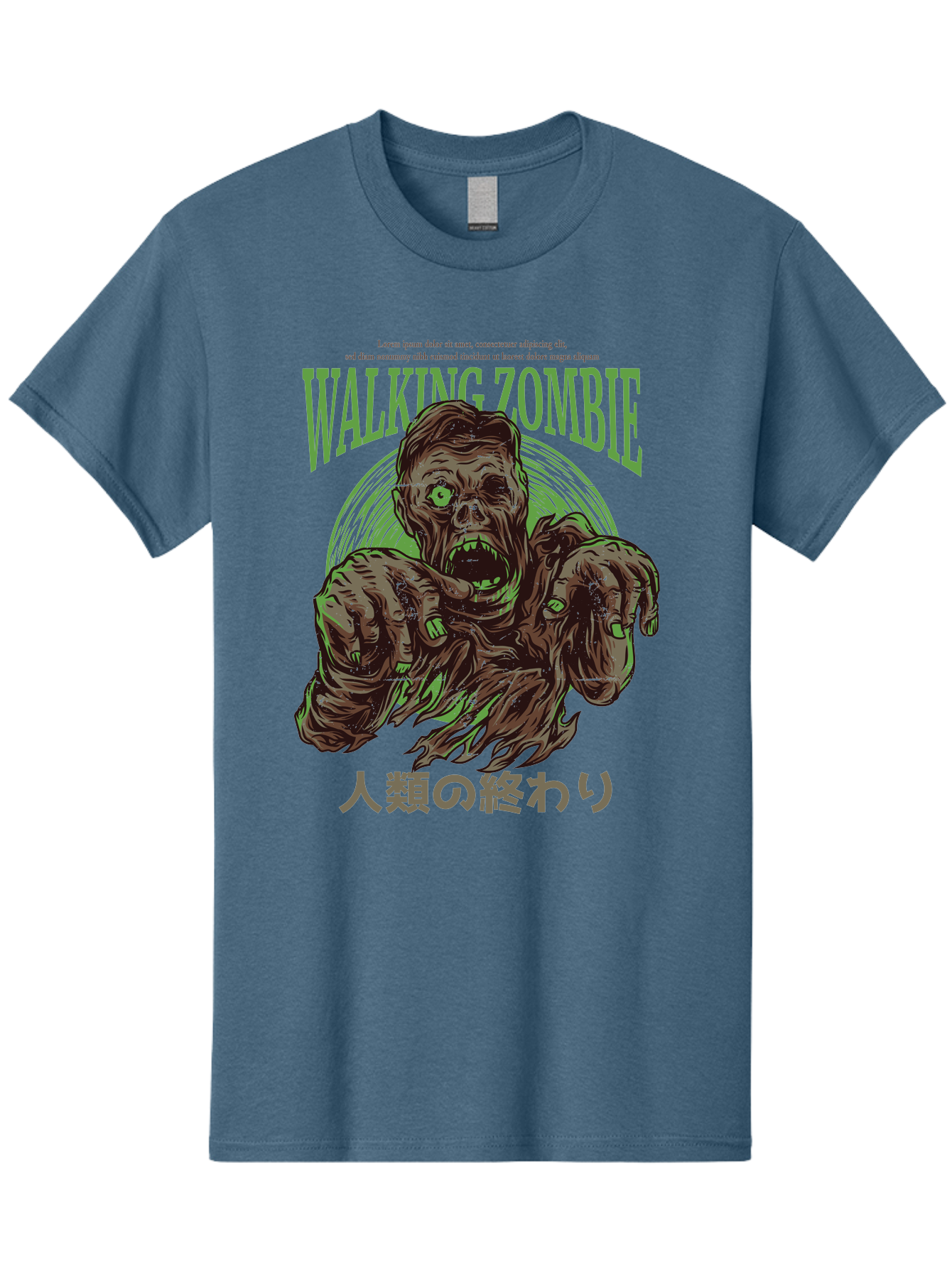 Walking-Zombie Men'S Graphic Tee, 100% Cotton, Comfortable Casual Summer Wear, Machine Washable, Zombie Apocalypse, Undead Creature, Horror Movie, Dark Art, Gruesome Illustration, Japanese Text, Zombie Outbreak, Creatures Of The Night Aad843