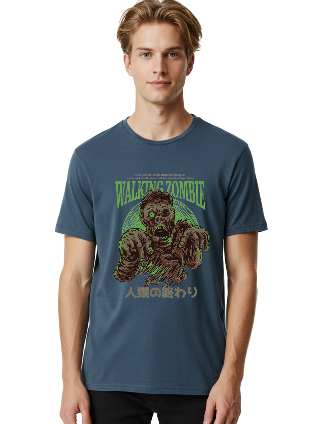 Walking-Zombie Men'S Graphic Tee, 100% Cotton, Comfortable Casual Summer Wear, Machine Washable, Zombie Apocalypse, Undead Creature, Horror Movie, Dark Art, Gruesome Illustration, Japanese Text, Zombie Outbreak, Creatures Of The Night Aad843