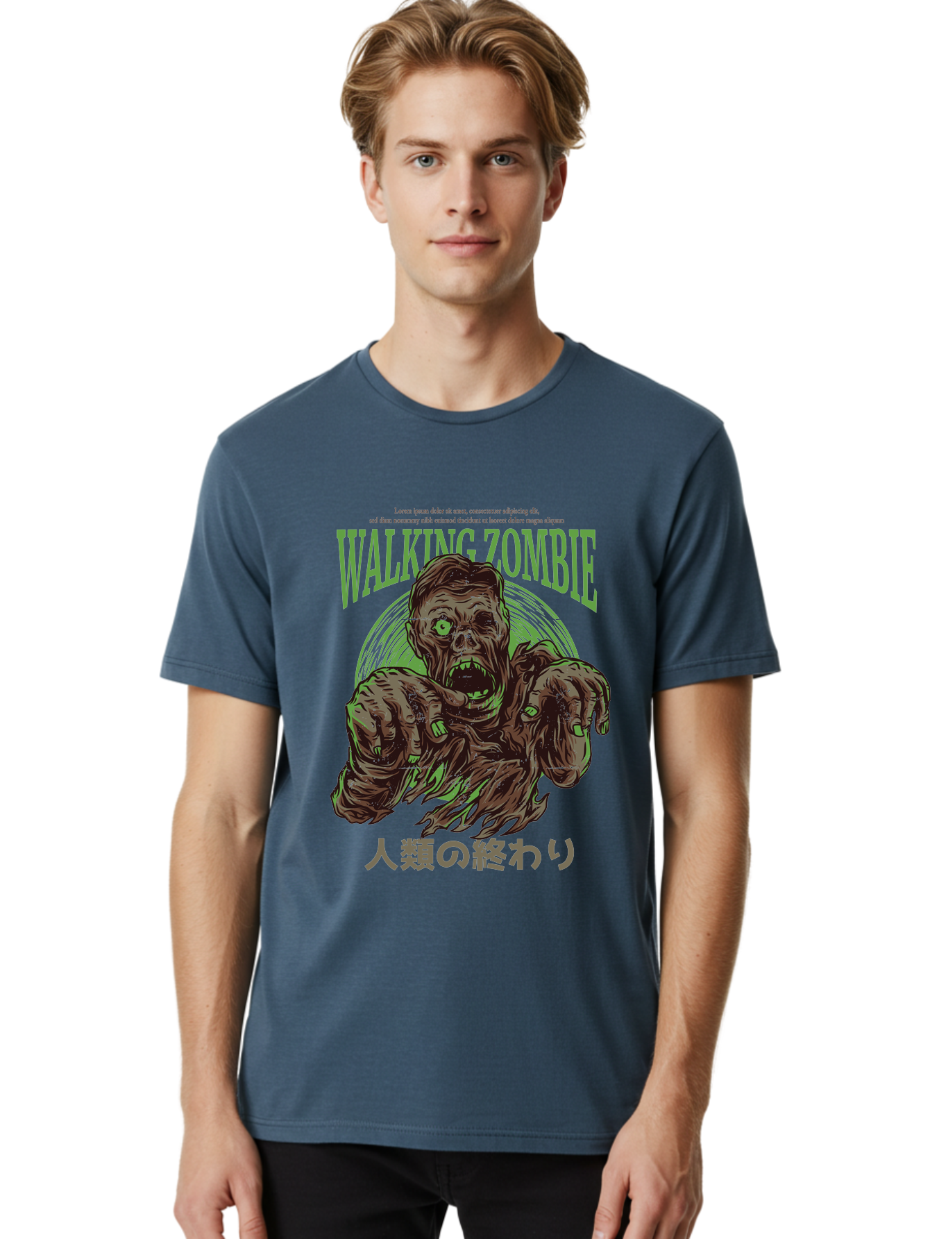 Walking-Zombie Men'S Graphic Tee, 100% Cotton, Comfortable Casual Summer Wear, Machine Washable, Zombie Apocalypse, Undead Creature, Horror Movie, Dark Art, Gruesome Illustration, Japanese Text, Zombie Outbreak, Creatures Of The Night Aad843