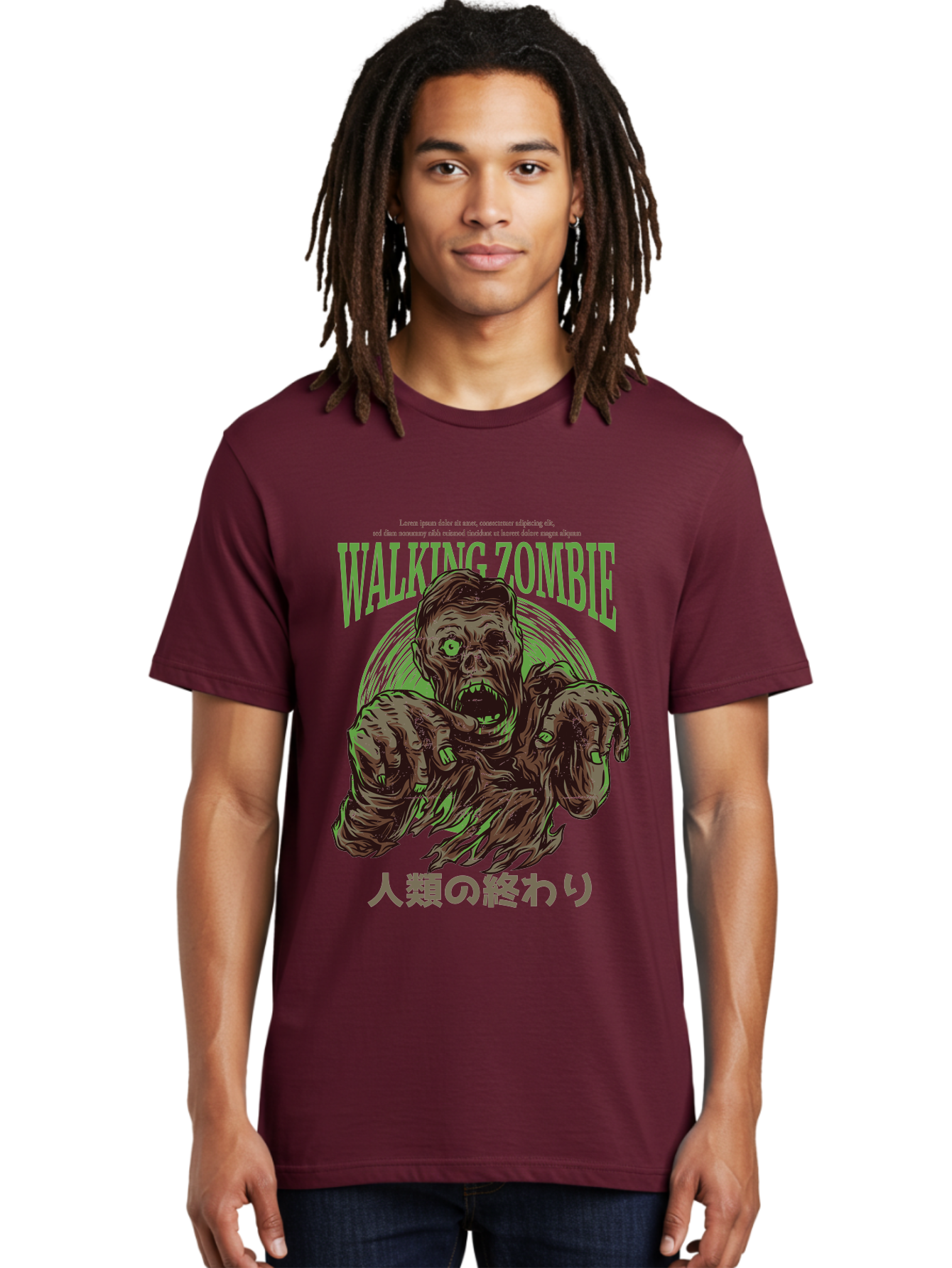 Walking-Zombie Men'S Graphic Tee, 100% Cotton, Comfortable Casual Summer Wear, Machine Washable, Zombie Apocalypse, Undead Creature, Horror Movie, Dark Art, Gruesome Illustration, Japanese Text, Zombie Outbreak, Creatures Of The Night Aad843