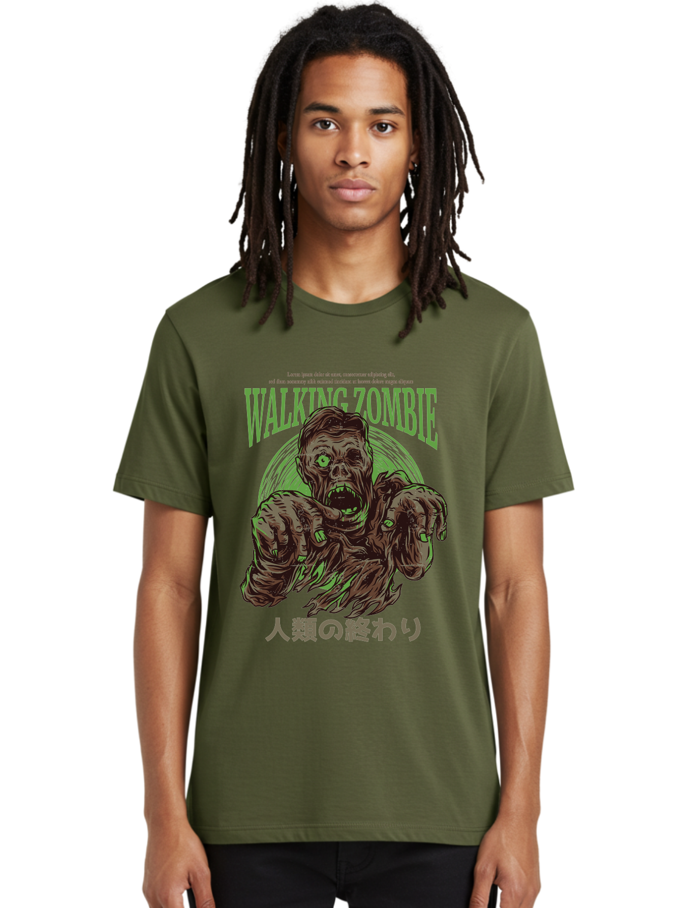 Walking-Zombie Men'S Graphic Tee, 100% Cotton, Comfortable Casual Summer Wear, Machine Washable, Zombie Apocalypse, Undead Creature, Horror Movie, Dark Art, Gruesome Illustration, Japanese Text, Zombie Outbreak, Creatures Of The Night Aad843