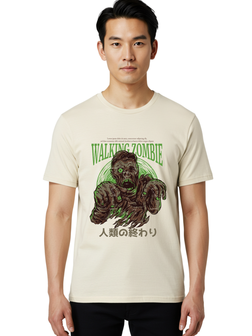 Walking-Zombie Men'S Graphic Tee, 100% Cotton, Comfortable Casual Summer Wear, Machine Washable, Zombie Apocalypse, Undead Creature, Horror Movie, Dark Art, Gruesome Illustration, Japanese Text, Zombie Outbreak, Creatures Of The Night Aad843