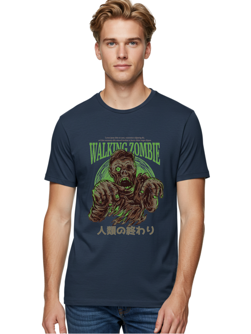 Walking-Zombie Men'S Graphic Tee, 100% Cotton, Comfortable Casual Summer Wear, Machine Washable, Zombie Apocalypse, Undead Creature, Horror Movie, Dark Art, Gruesome Illustration, Japanese Text, Zombie Outbreak, Creatures Of The Night Aad843