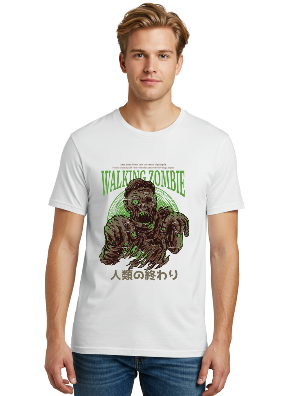 Walking-Zombie Men'S Graphic Tee, 100% Cotton, Comfortable Casual Summer Wear, Machine Washable, Zombie Apocalypse, Undead Creature, Horror Movie, Dark Art, Gruesome Illustration, Japanese Text, Zombie Outbreak, Creatures Of The Night Aad843
